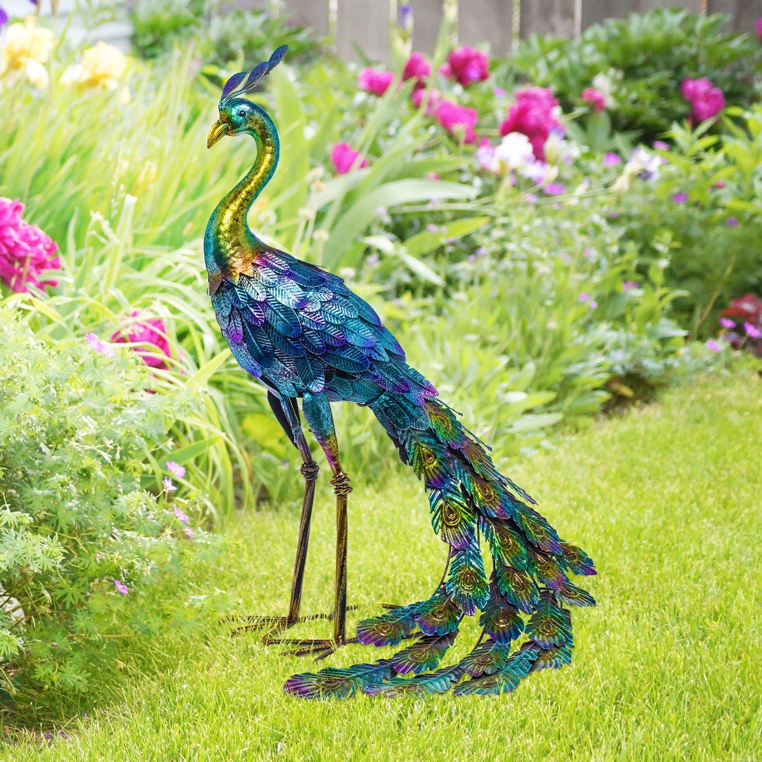 Alpine Corporation 23 Tall Outdoor Metallic Peacock Tail Spread Yard Statue Decoration, Multicolor