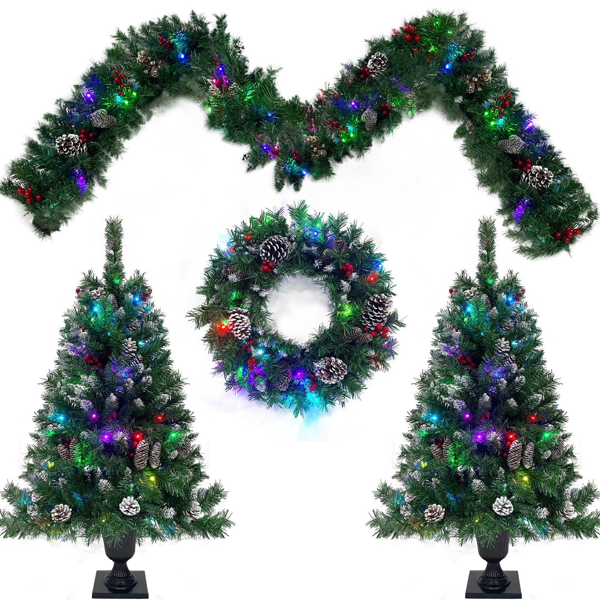 Artificial Christmas 4-Piece Set,Garland, Wreath and Set of 2 Entrance Trees X-mas with LED Lights, Christmas Tree