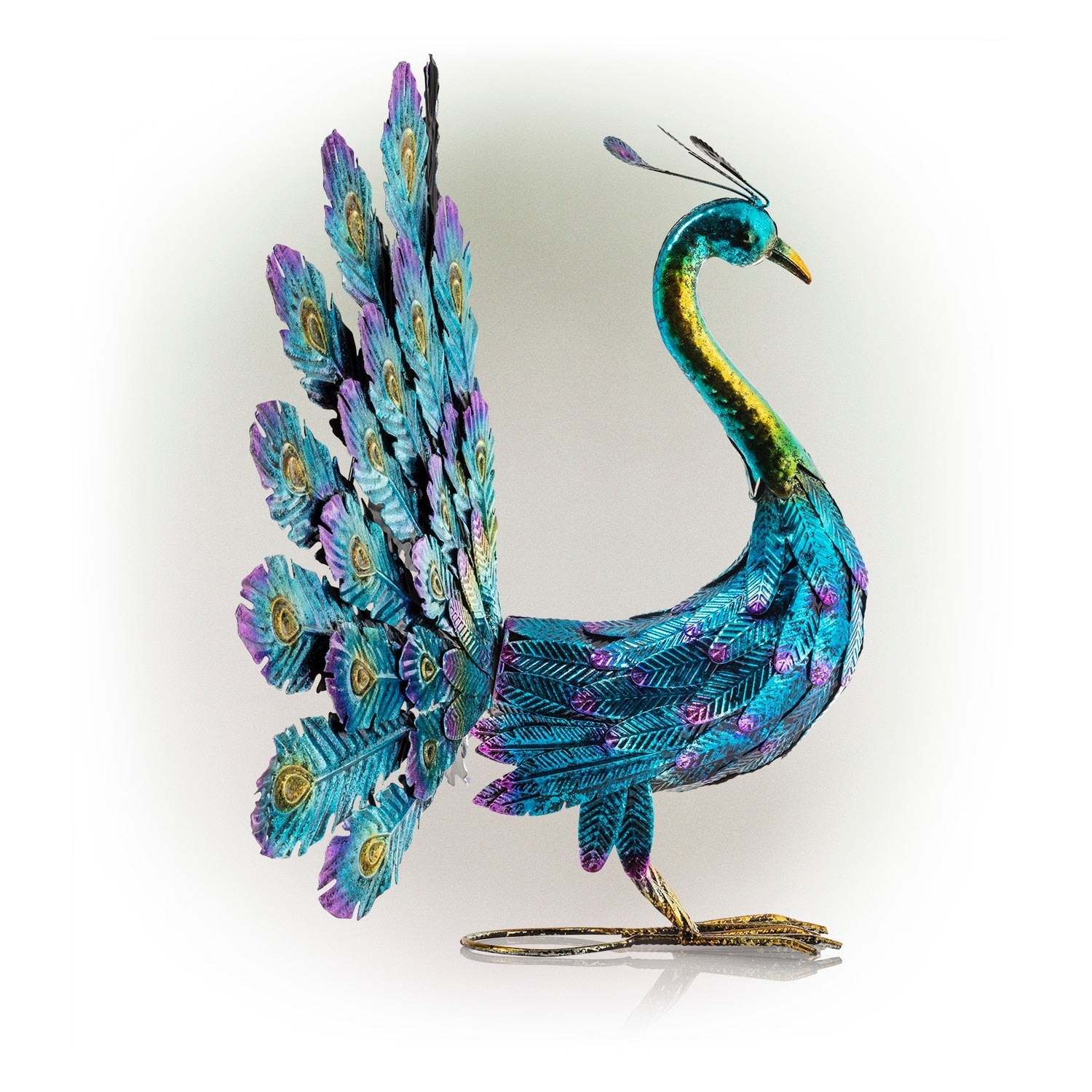 Alpine Corporation 23 Tall Outdoor Metallic Peacock Tail Spread Yard Statue Decoration, Multicolor