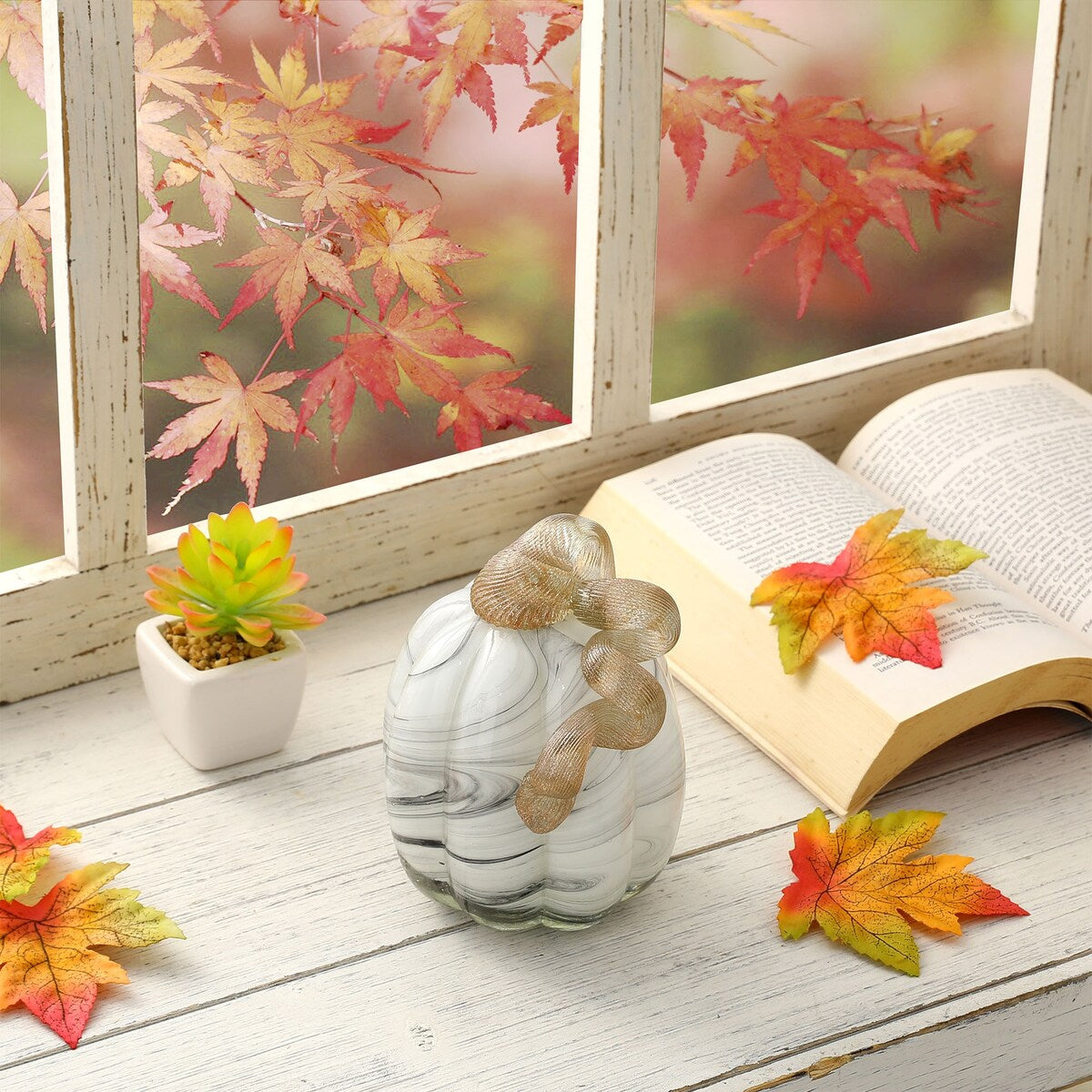 Glitzhome Fall Harvest Gray Marble Handblown Glass Pumpkins for Thanksgiving Decor