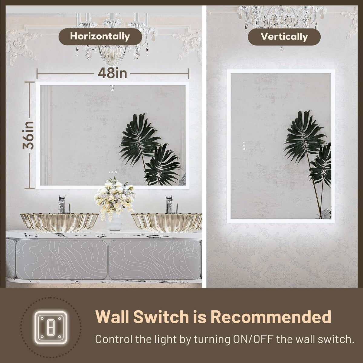 Keonjinn Smart LED Frontlit & Backlit Bathroom Vanity Wall Mirror, 3 Colors, Acrylic Edge, Anti Fog, Radar Sensor, Dimmable