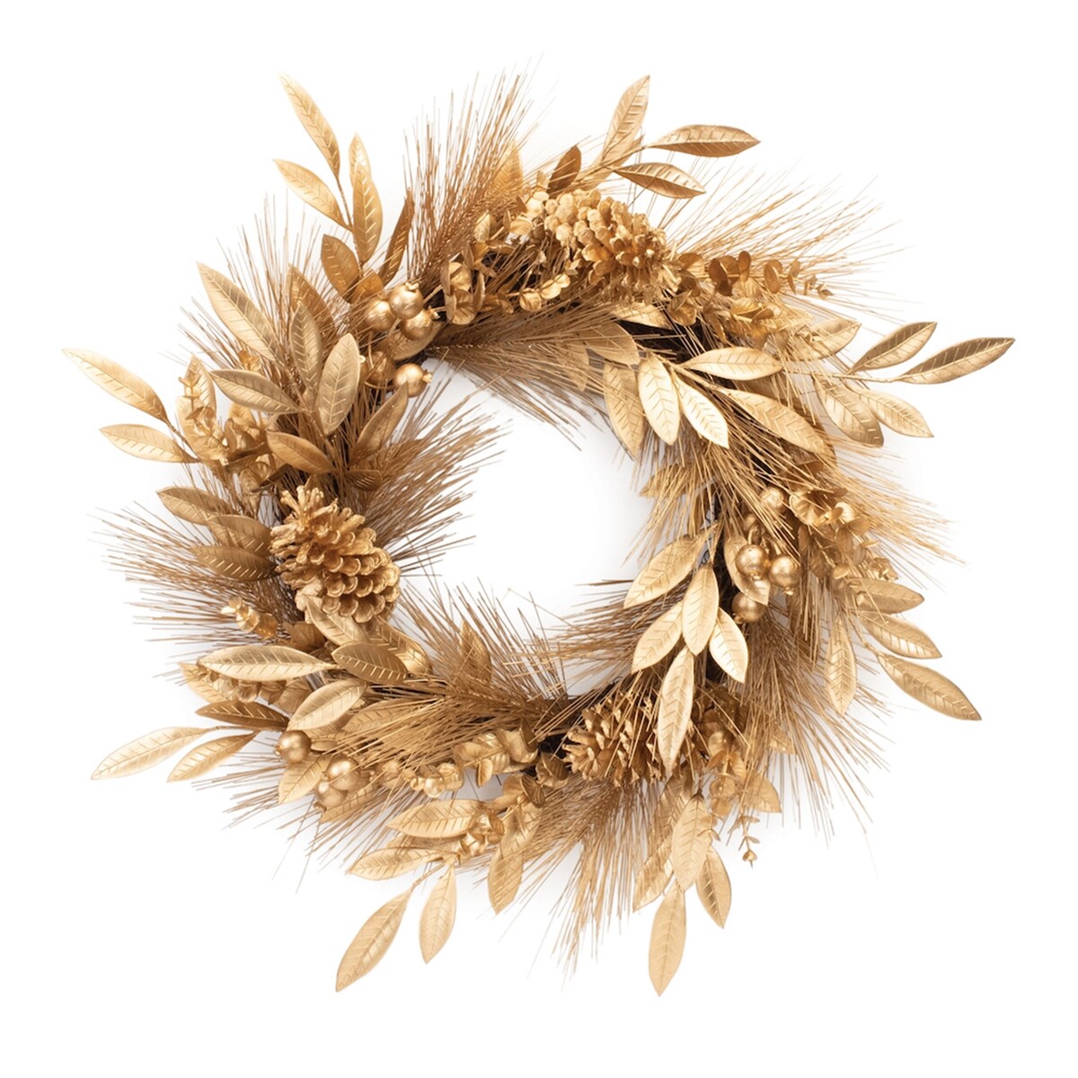 Metallic Pine and Bay Leaf Berry Wreath 25.5D - Gold