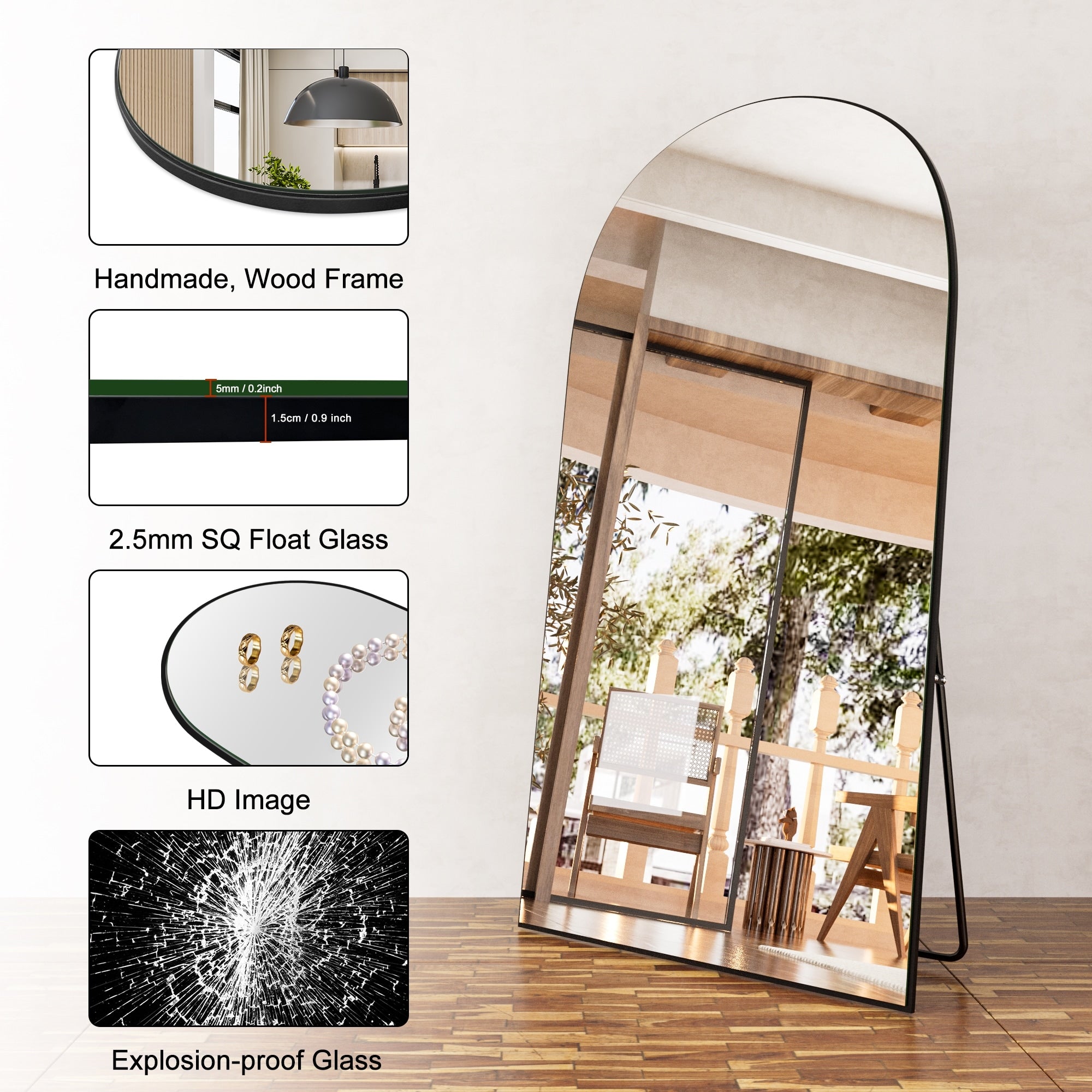 Classic Wood Arched Full Length Mirror with Stand, Floor Mirror