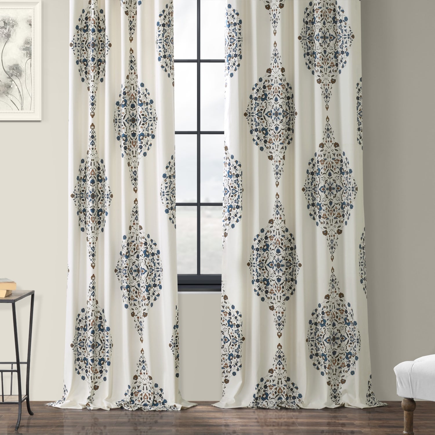 Exclusive Fabrics Medallion Damask Printed Cotton Room Darkening Window Curtains (1 Panel)