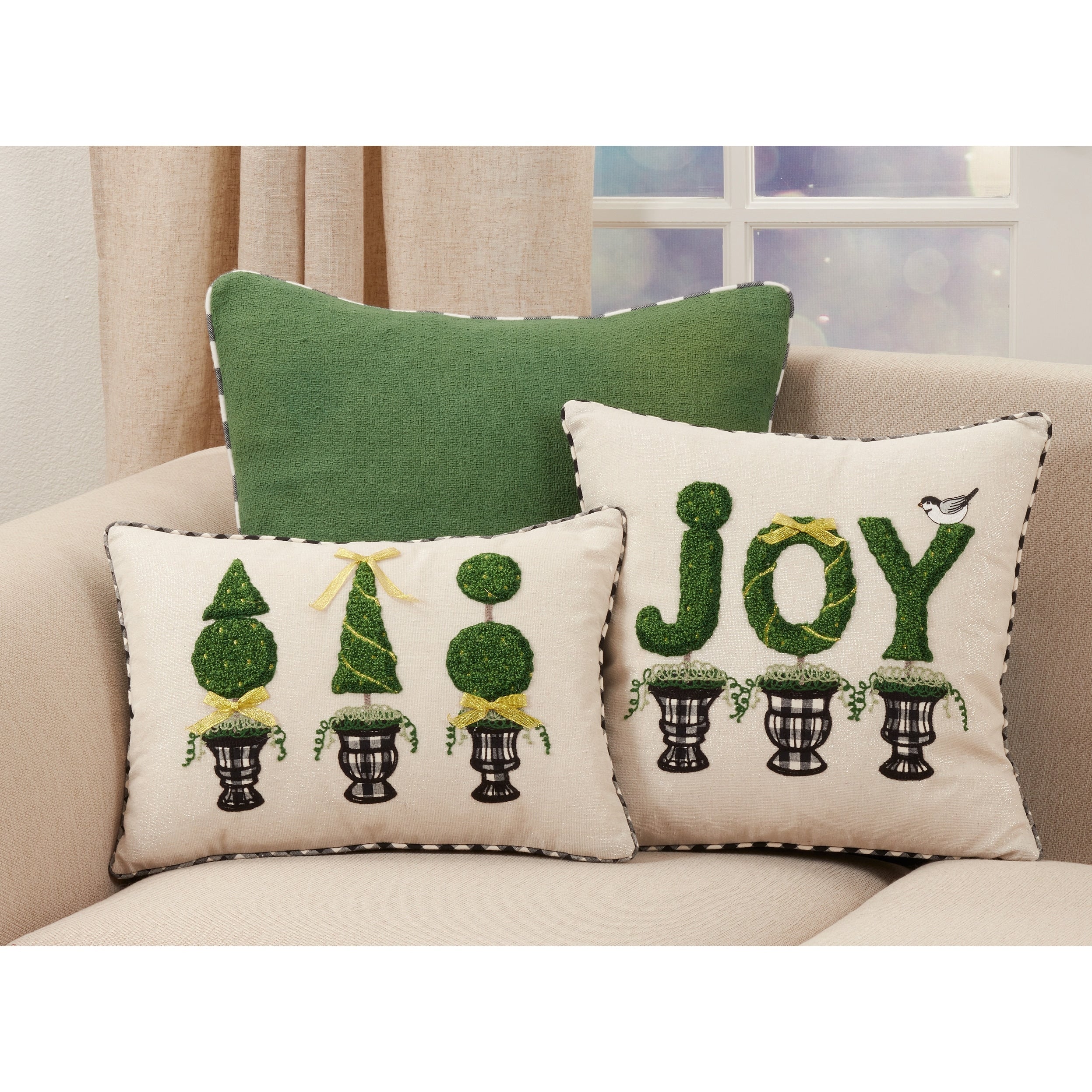 Throw Pillow With Topiary Joy Design