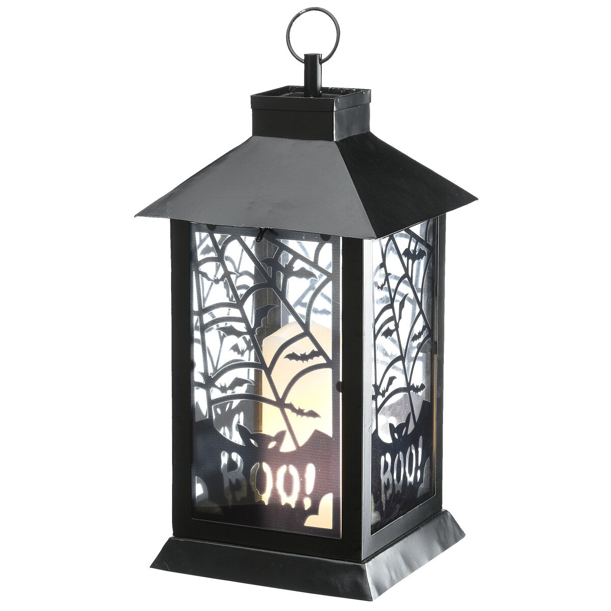 National Tree Company Halloween Lantern with LED Lights, Carved Images of Bats and Cobwebs, 16 inches - 16 in