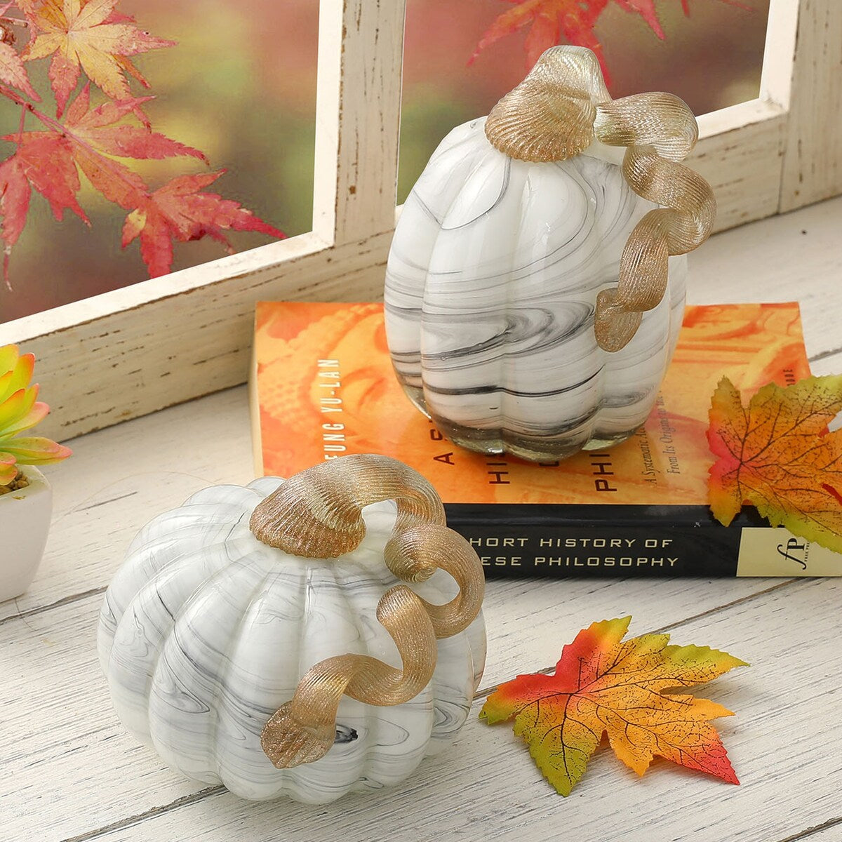 Glitzhome Fall Harvest Gray Marble Handblown Glass Pumpkins for Thanksgiving Decor