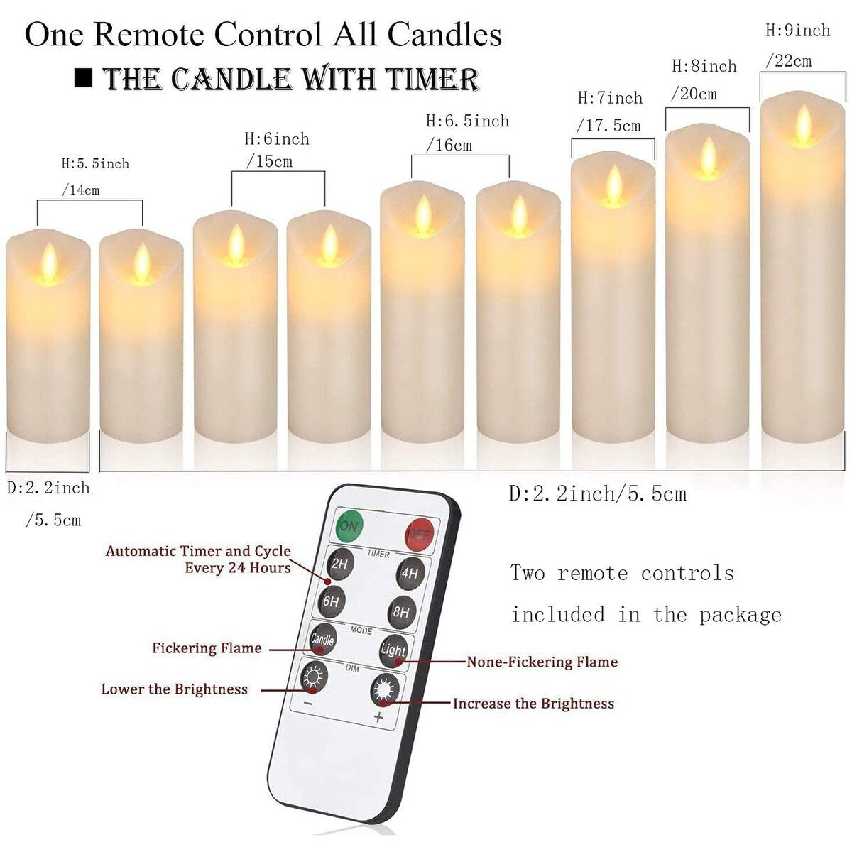 9-Piece Ivory LED Flameless Pillar Candle Set with Remote & 24h Timer