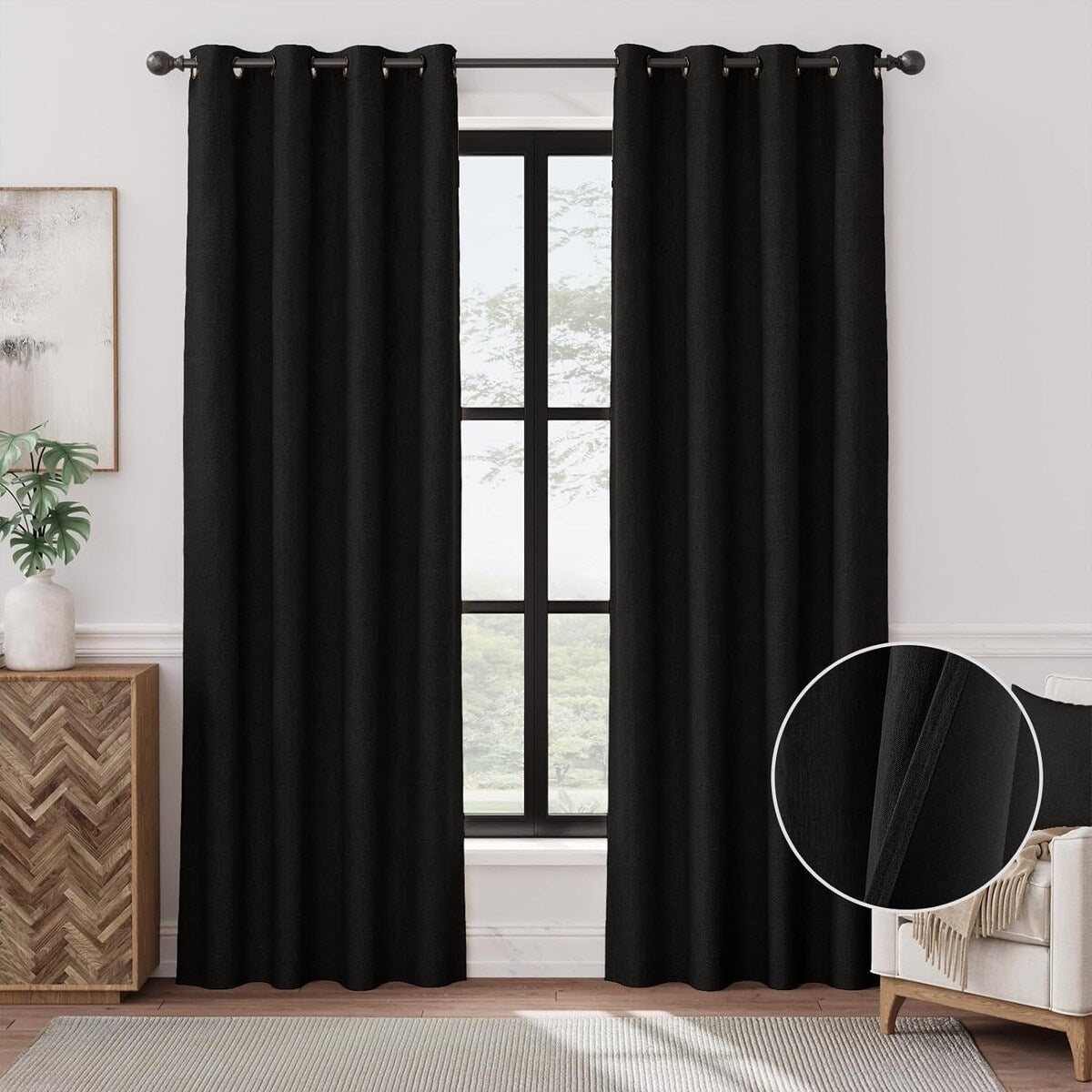 90% Blackout Faux Linen Curtains Thermal Insulated Room Darkening Curtains, 2 Panels Set, Grommet Top Window Treatments