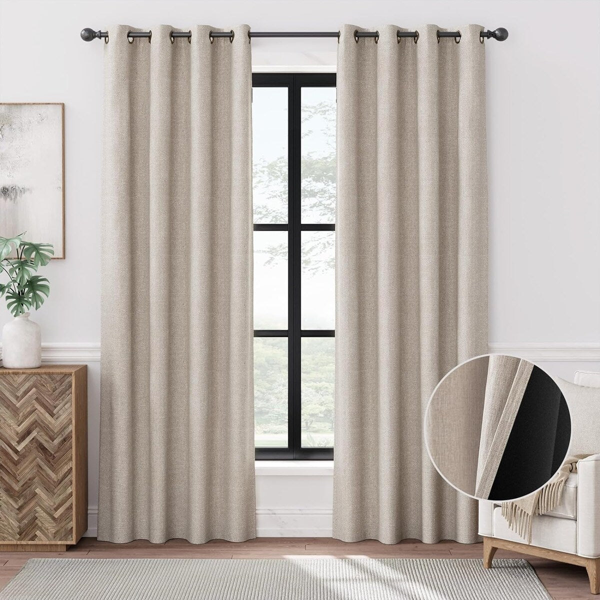 90% Blackout Faux Linen Curtains Thermal Insulated Room Darkening Curtains, 2 Panels Set, Grommet Top Window Treatments