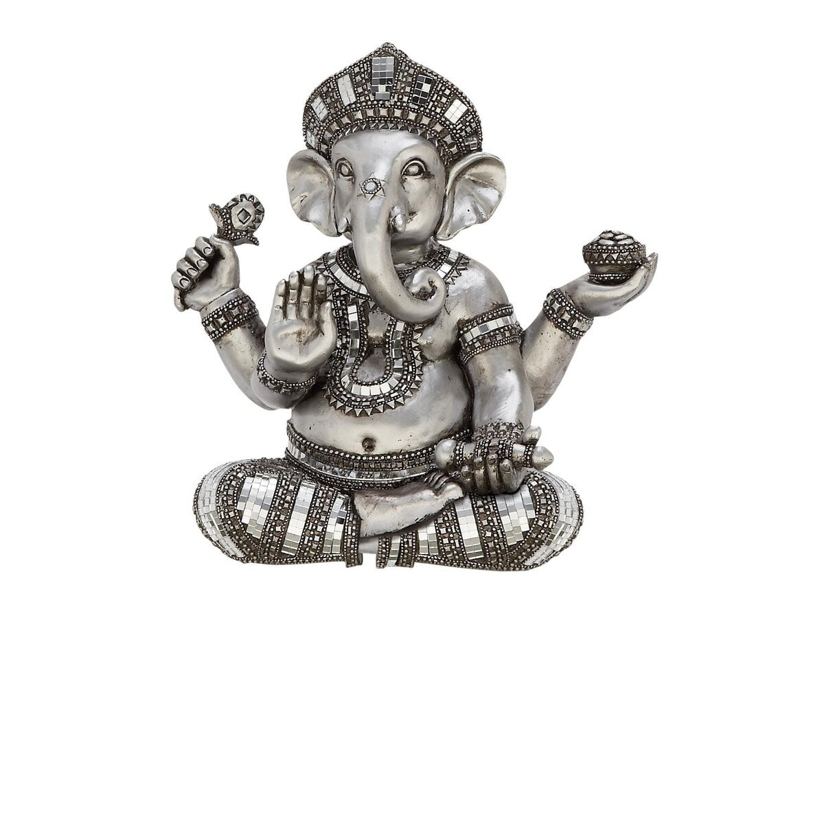 Polystone Ganesh Meditating Decorative Sculpture with Engraved Carvings and Relief Detailing - Silver - Roche River Decor