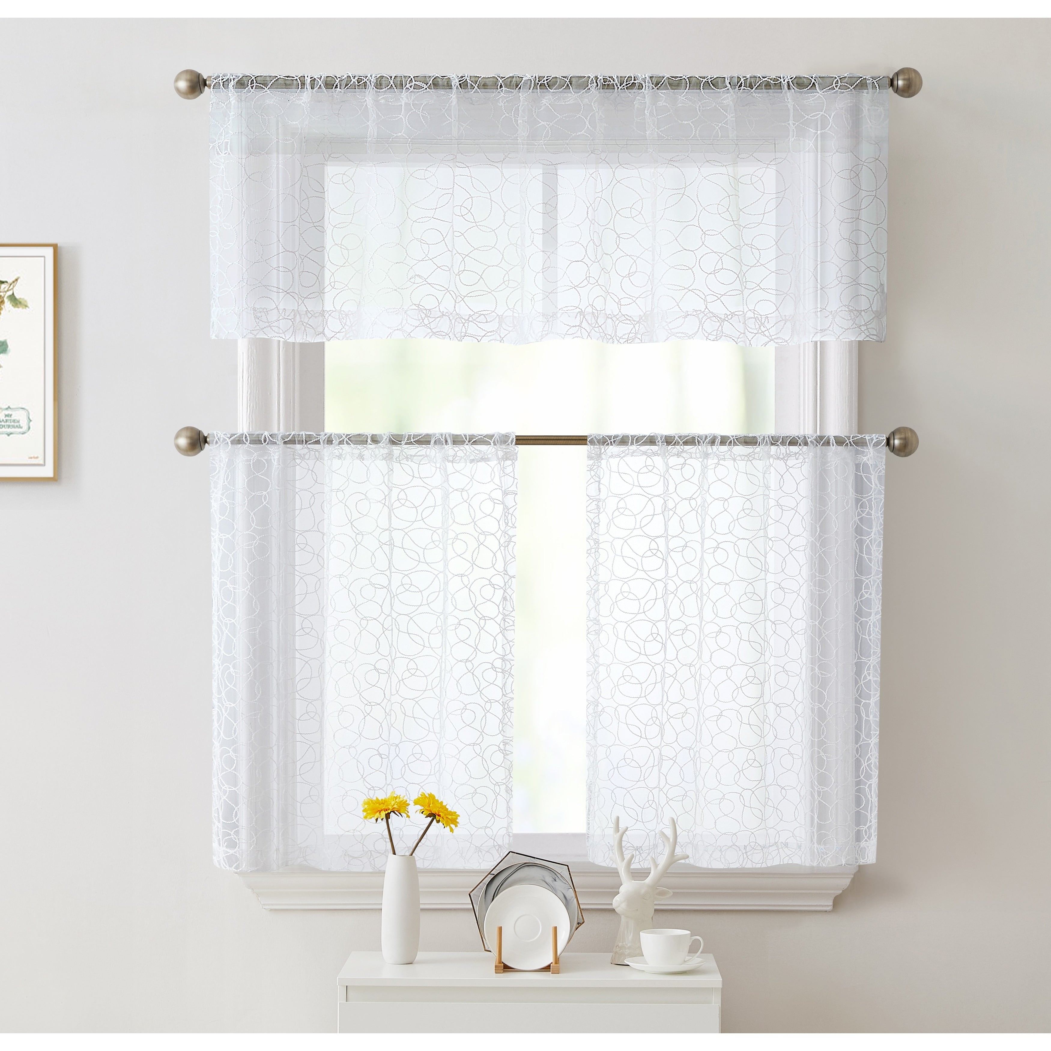 HLC.me Audrey Embroidered Sheer Voile Window Curtain Short Rod Pocket Tiers Valance Kitchen, Small Windows and Bathroom