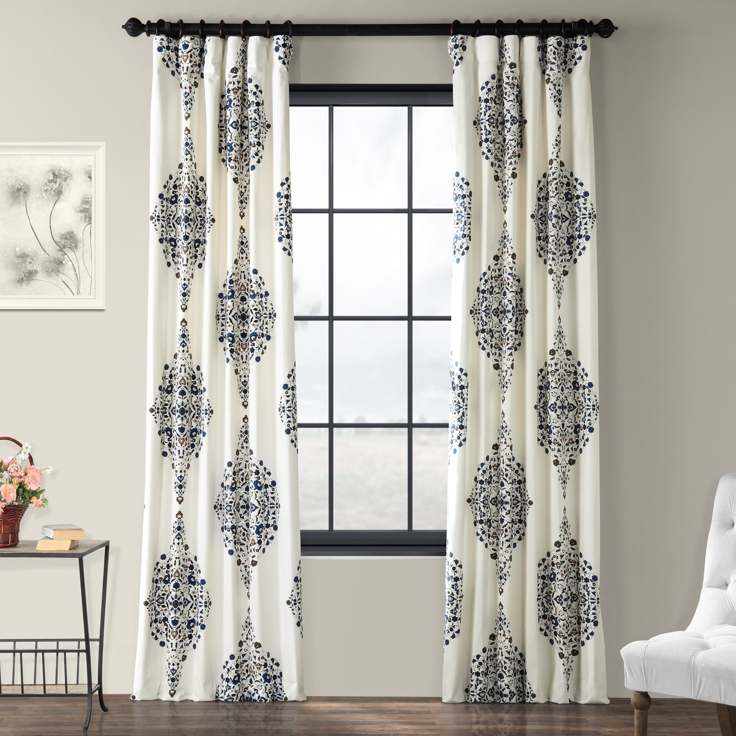 Exclusive Fabrics Medallion Damask Printed Cotton Room Darkening Window Curtains (1 Panel)