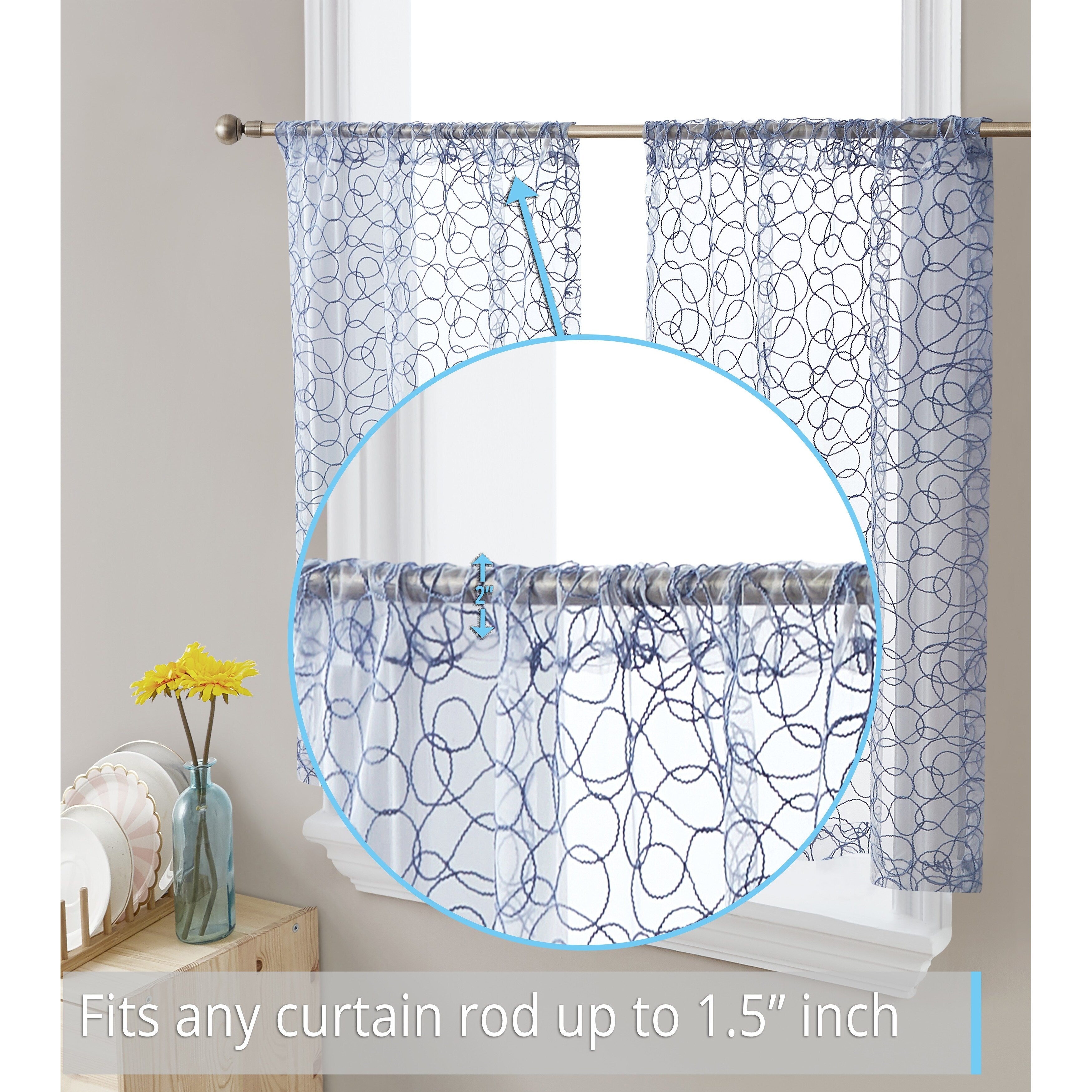 HLC.me Audrey Embroidered Sheer Voile Window Curtain Short Rod Pocket Tiers Valance Kitchen, Small Windows and Bathroom