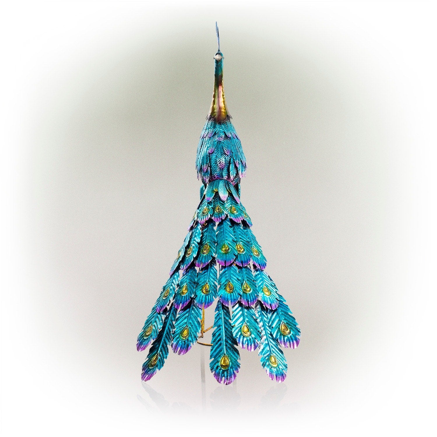 Alpine Corporation 23 Tall Outdoor Metallic Peacock Tail Spread Yard Statue Decoration, Multicolor