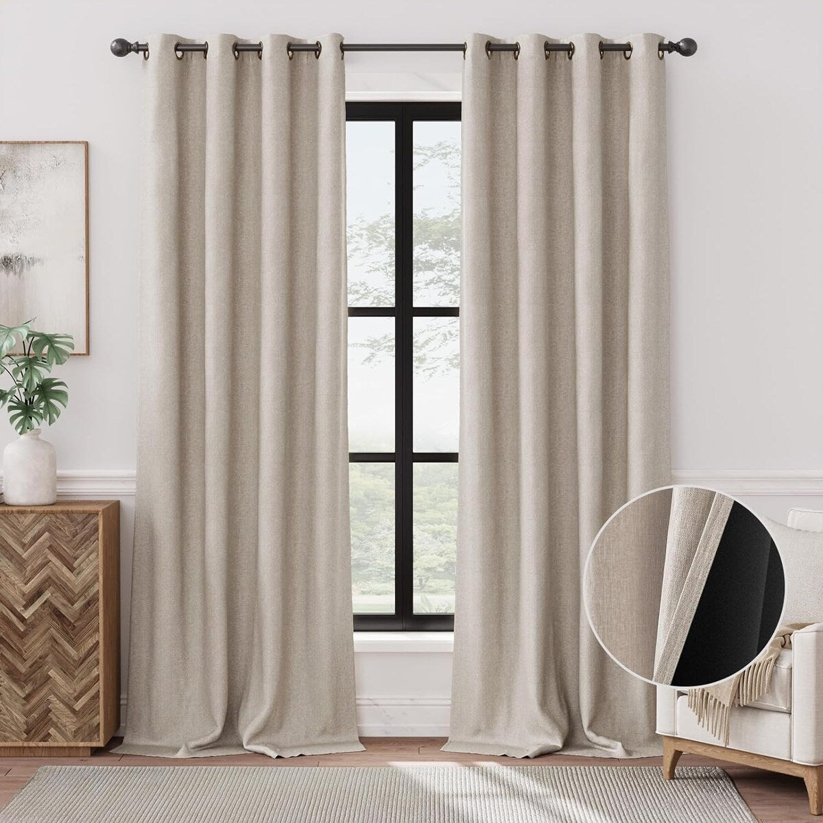 90% Blackout Faux Linen Curtains Thermal Insulated Room Darkening Curtains, 2 Panels Set, Grommet Top Window Treatments