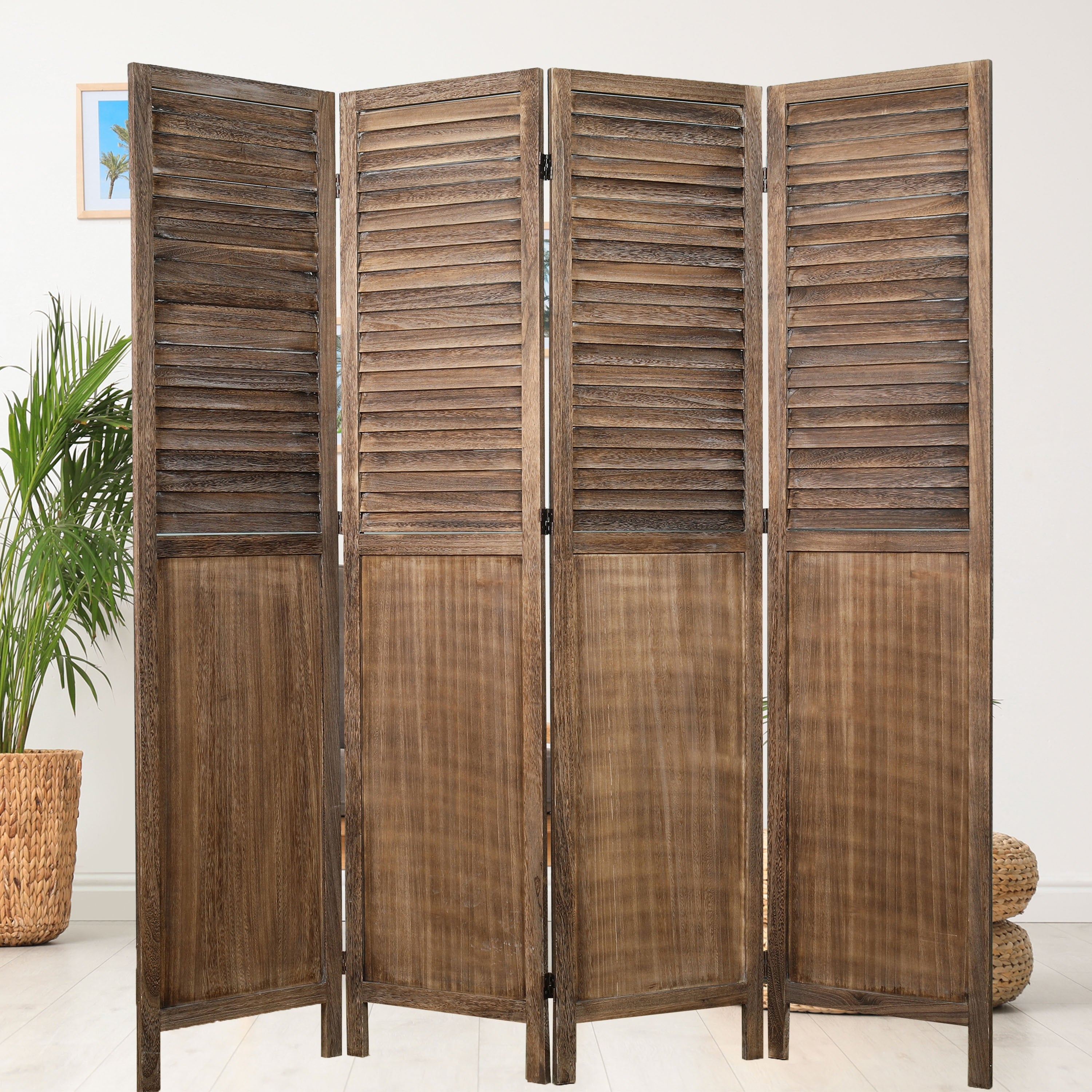 Proman Products Rancho Shutter 4 Panel Room Divider , Folding Screen, Privacy Screen, Paulownia Wood, Rustic Brown