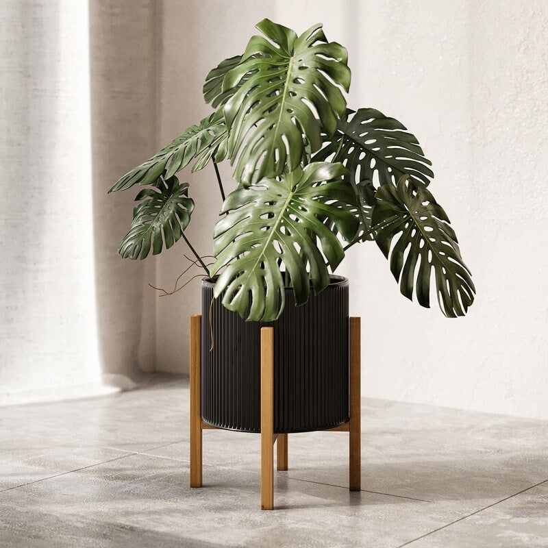 Everett Black Mid-Century Modern Indoor Metal Pot Planter with 4-Leg Wood Base