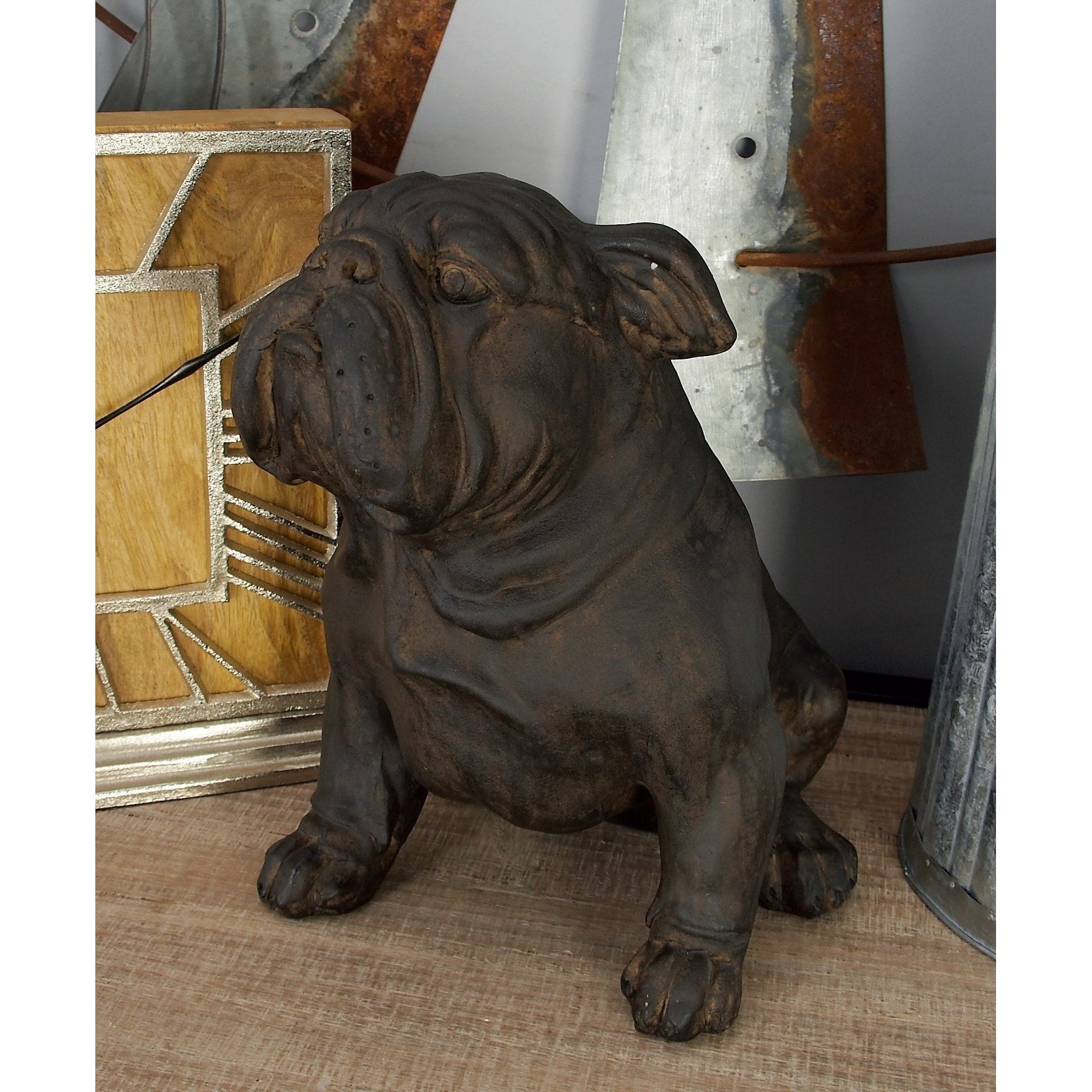 Brown Polystone Distressed Sitting Bulldog Sculpture