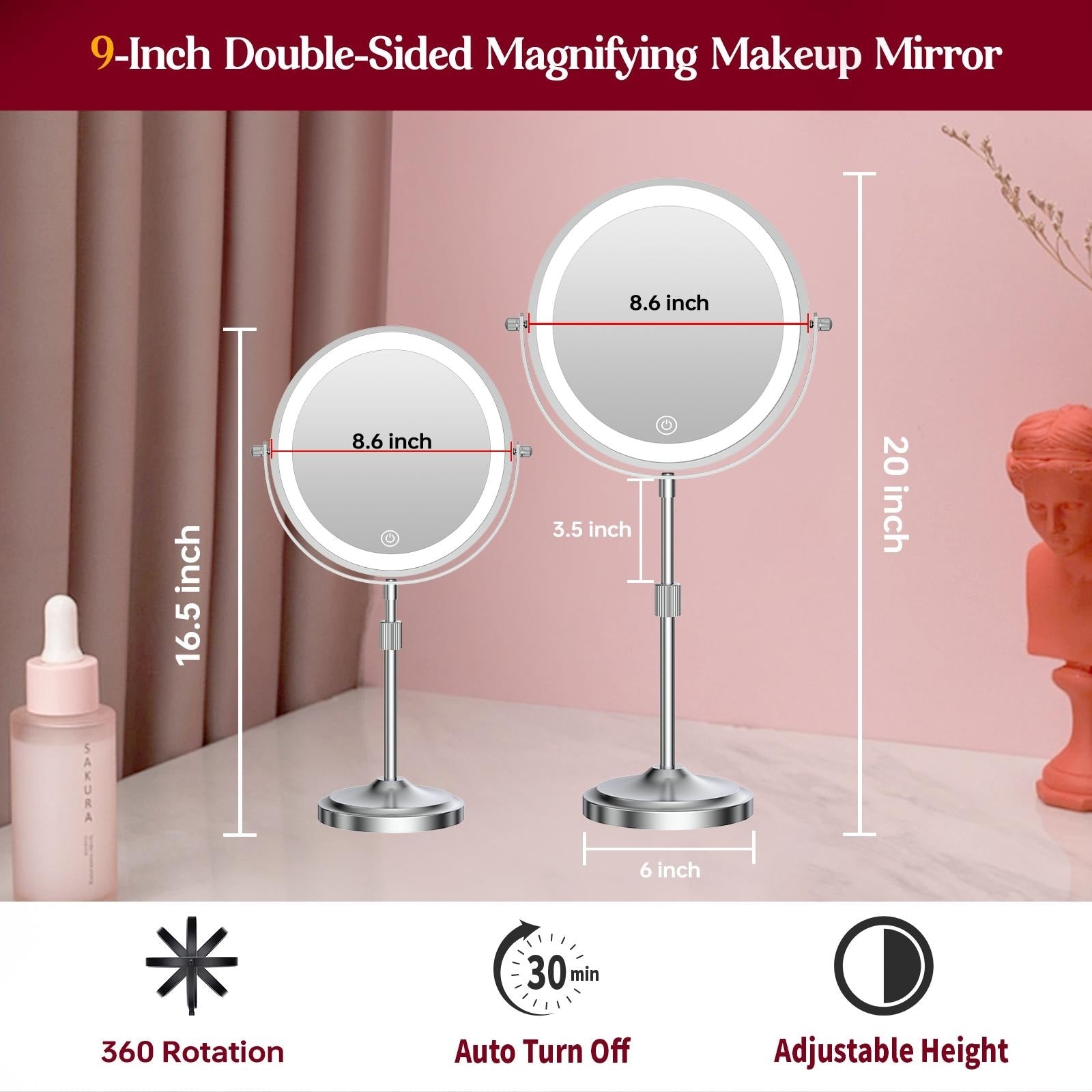 9 LED Lighted Makeup Mirror,Double Sided Magnification Mirror with 1X/10x Magnification,3 Lighting Color