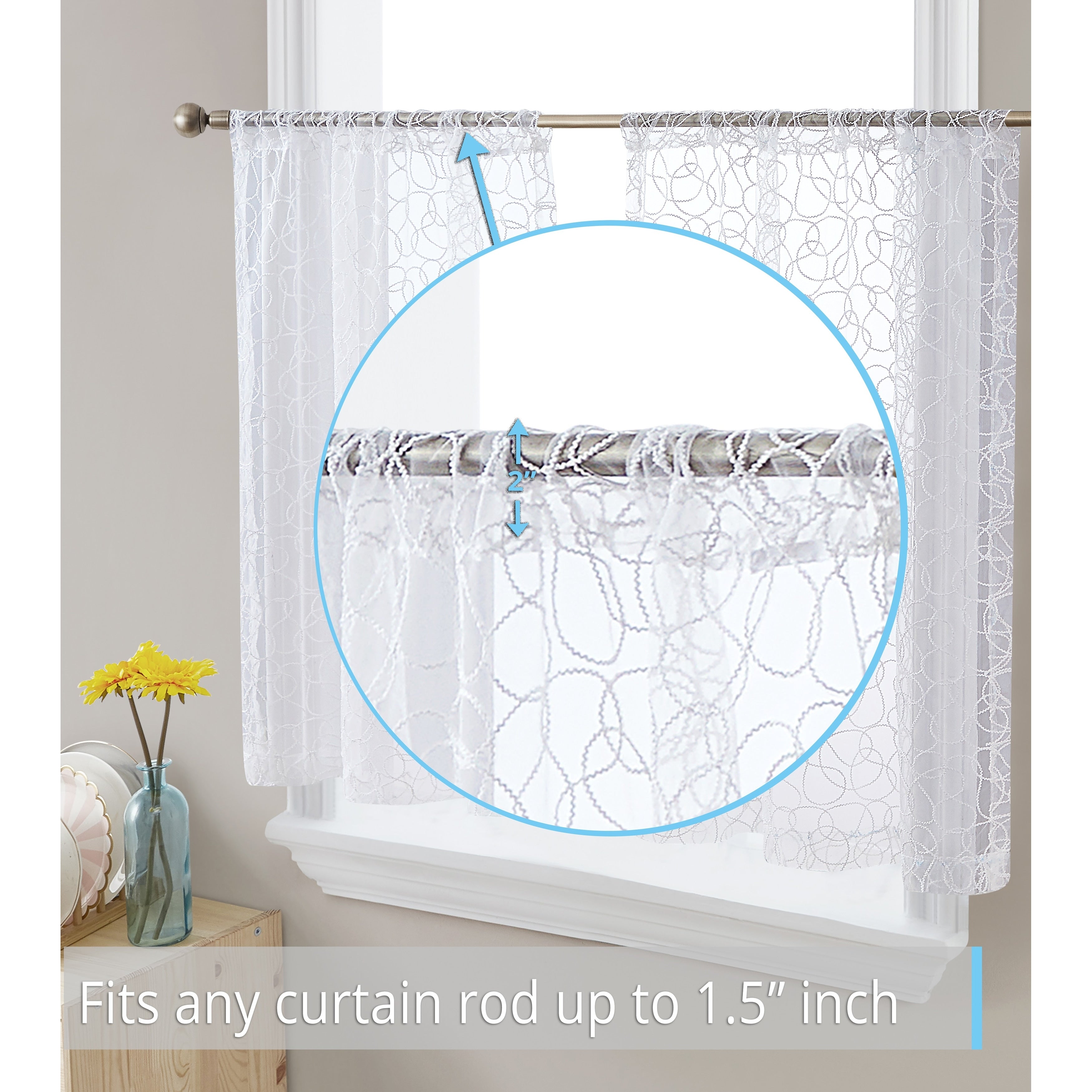 HLC.me Audrey Embroidered Sheer Voile Window Curtain Short Rod Pocket Tiers Valance Kitchen, Small Windows and Bathroom