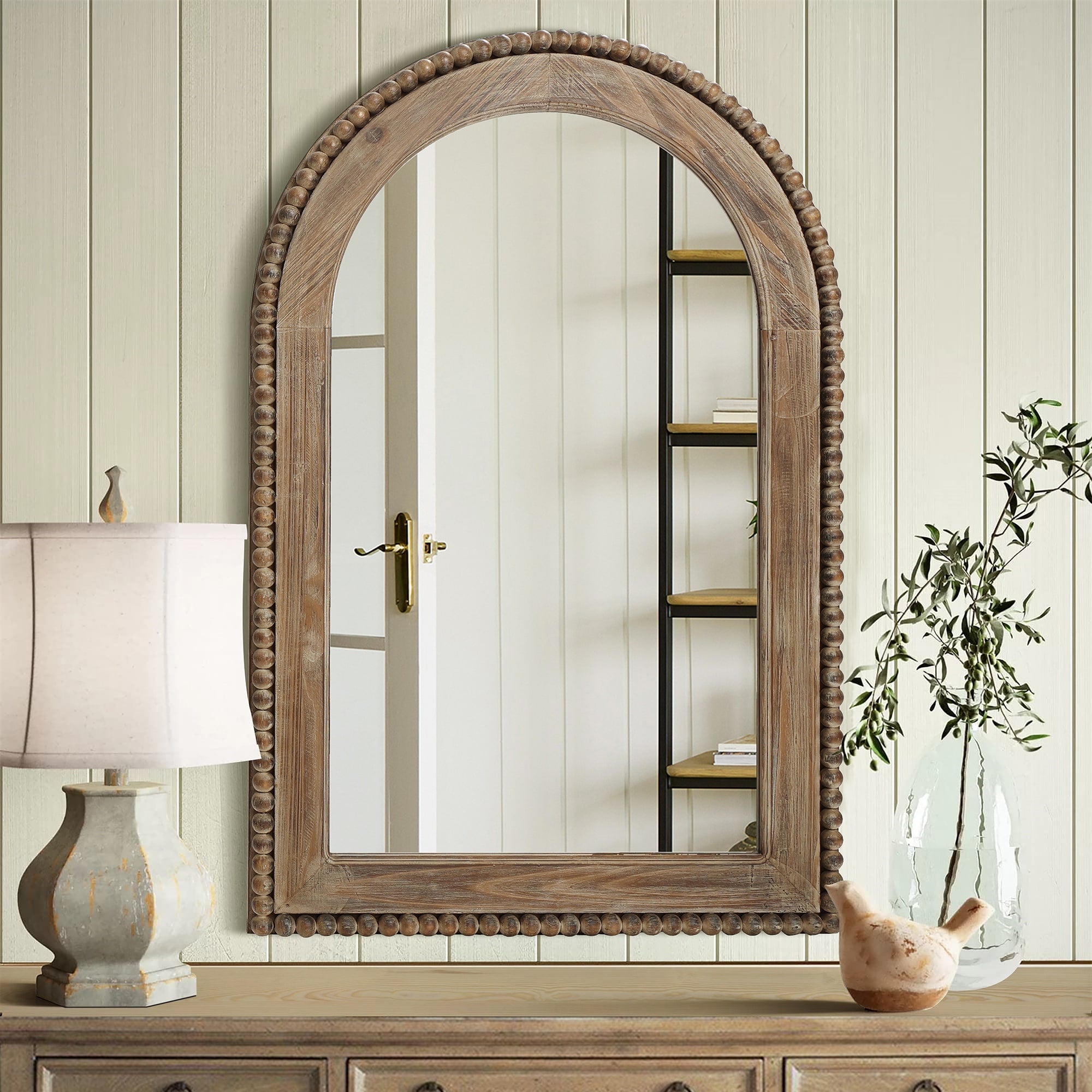 Wood Framed Arch Window Wall Mirror, Bathroom Wall Mirror - 39.25 H x 25.87 W x 1.5 D