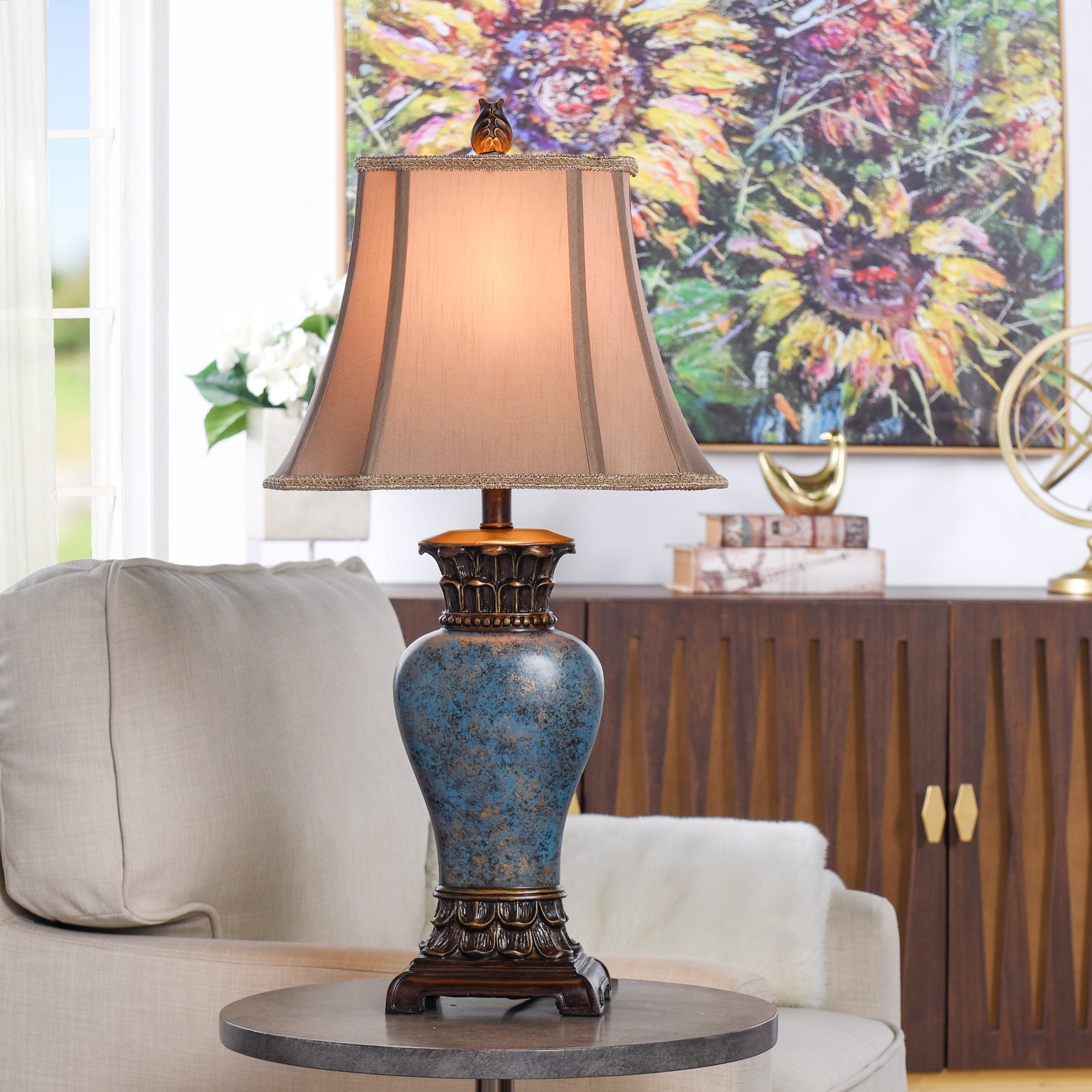 StyleCraft Blue and Gold Table Lamp - Taupe Fabric Shade