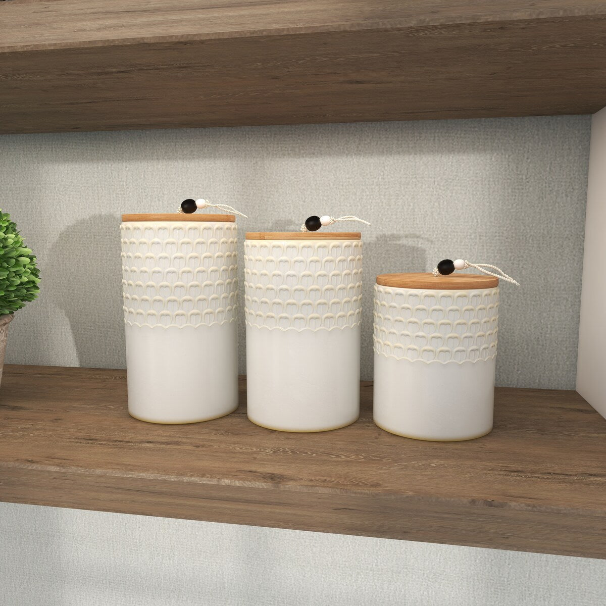 Ceramic Textured Living Room Decorative Jars with Wood Lids and Beaded Accents - Set of 3 White - Roche River Decor