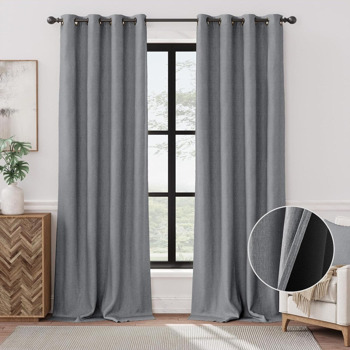 90% Blackout Faux Linen Curtains Thermal Insulated Room Darkening Curtains, 2 Panels Set, Grommet Top Window Treatments