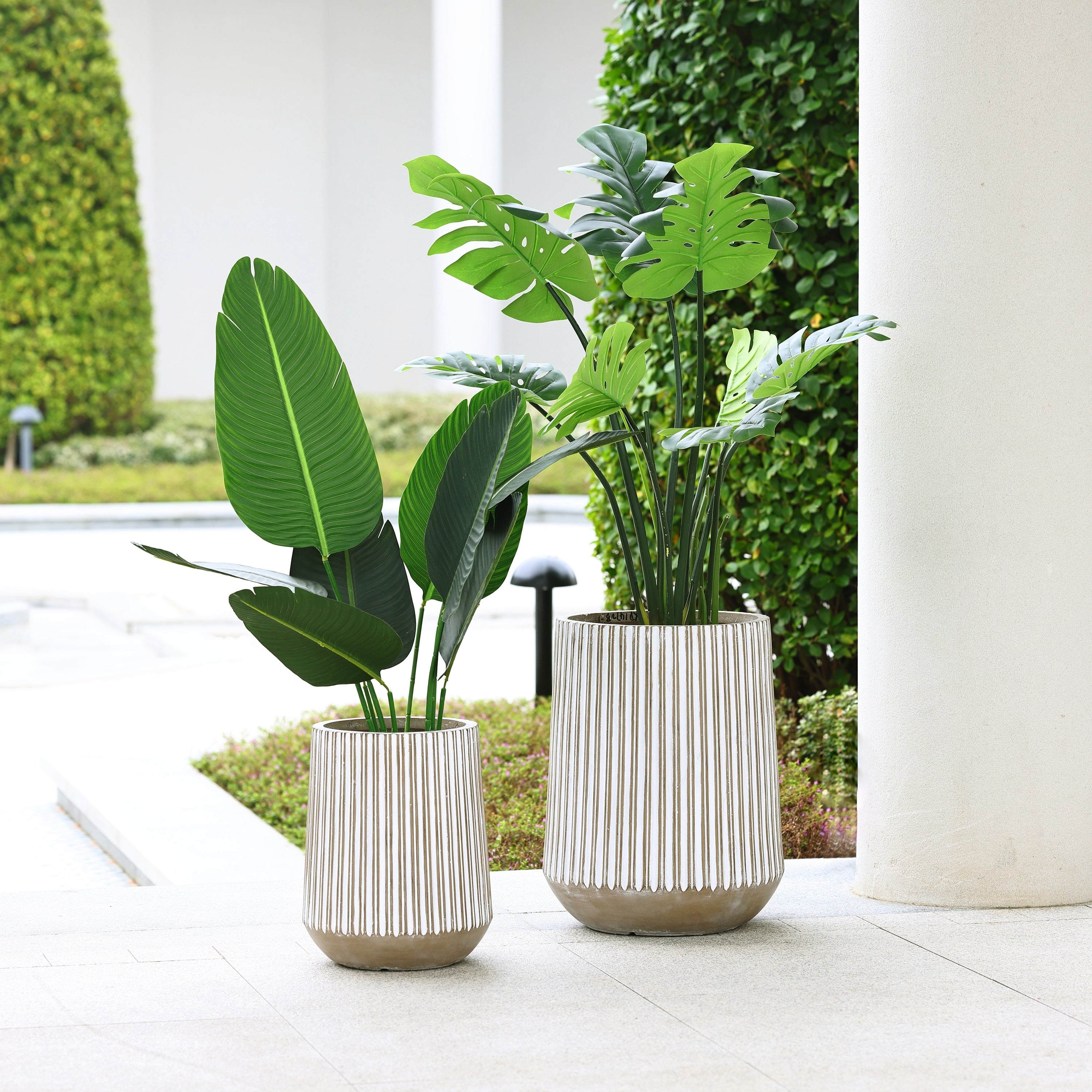 Round Brown and White Striped Handmade Tall Pot Planter