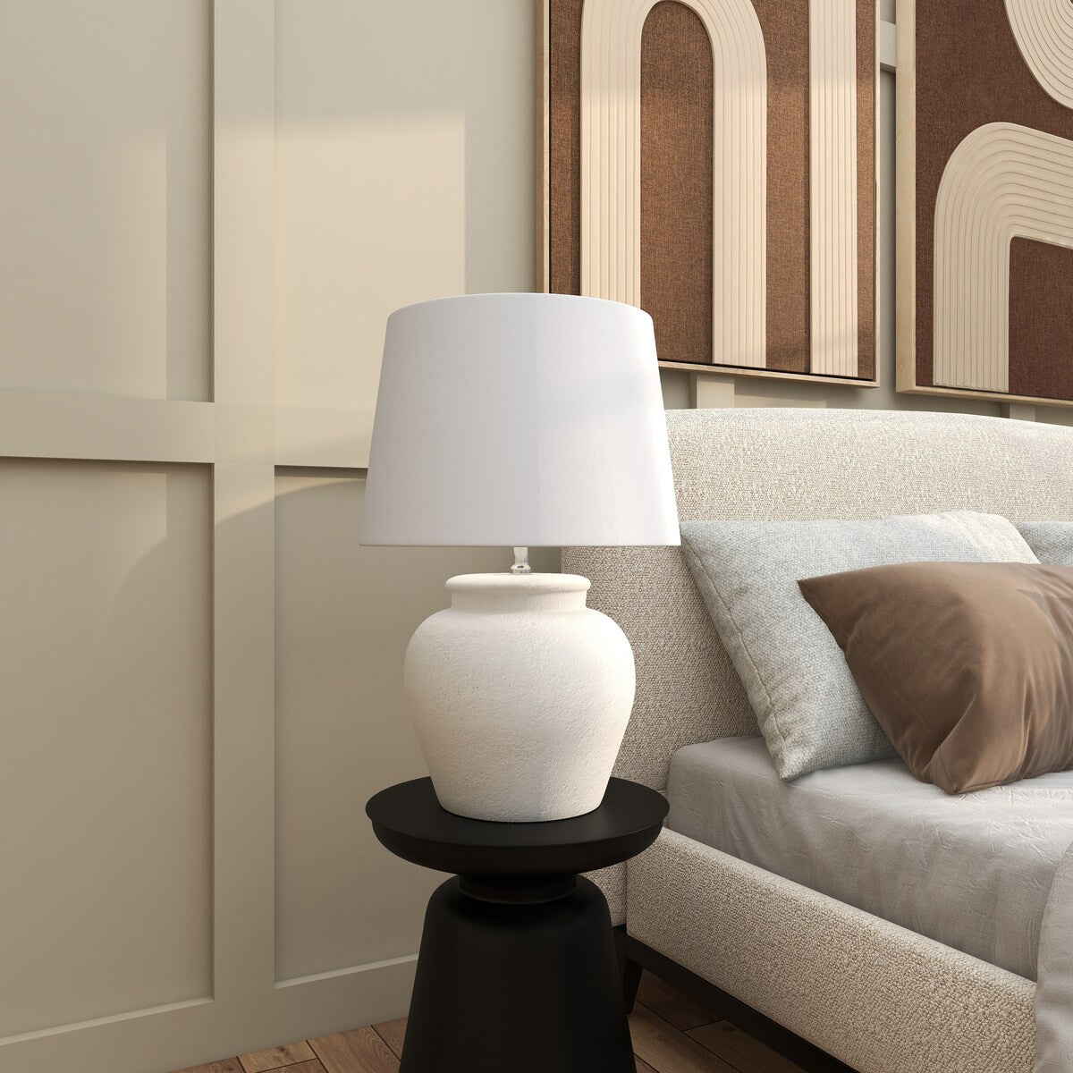 Cement Stone Pot Inspired Room Table Lamp with Textured Exterior - White - Roche River Decor