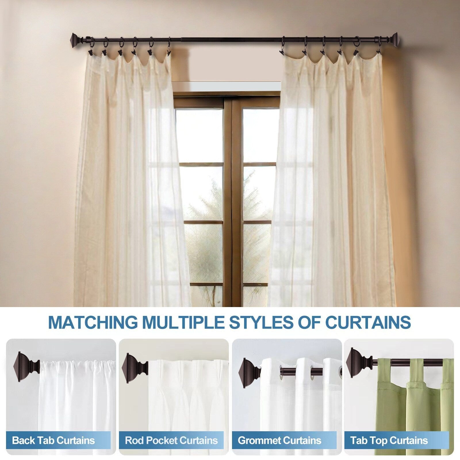 Modern Square Urn Adjustable Drapery Curtain Rod with Clip Rings