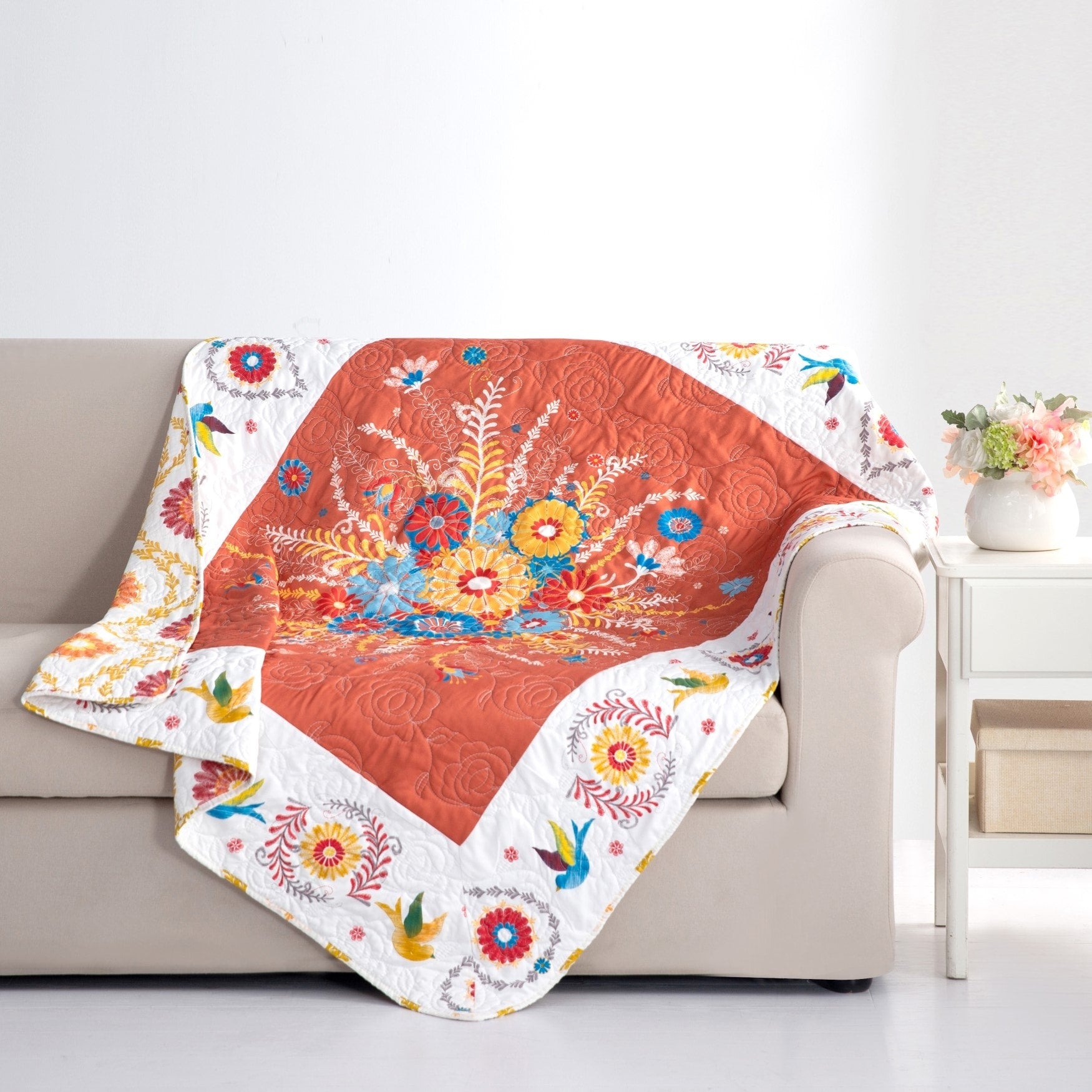 Barefoot Bungalow Topanga Orange Bohemian Floral Quilted Throw Blanket