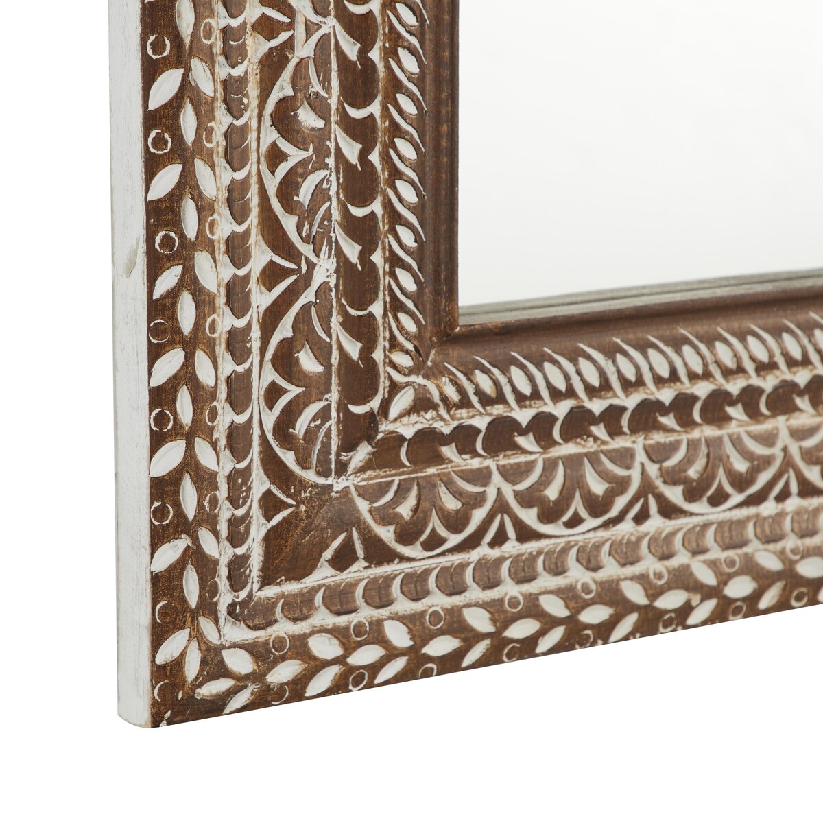 Wood Floral Room Wall Mirror with Detailed Cream Carvings - Brown - Roche River Decor