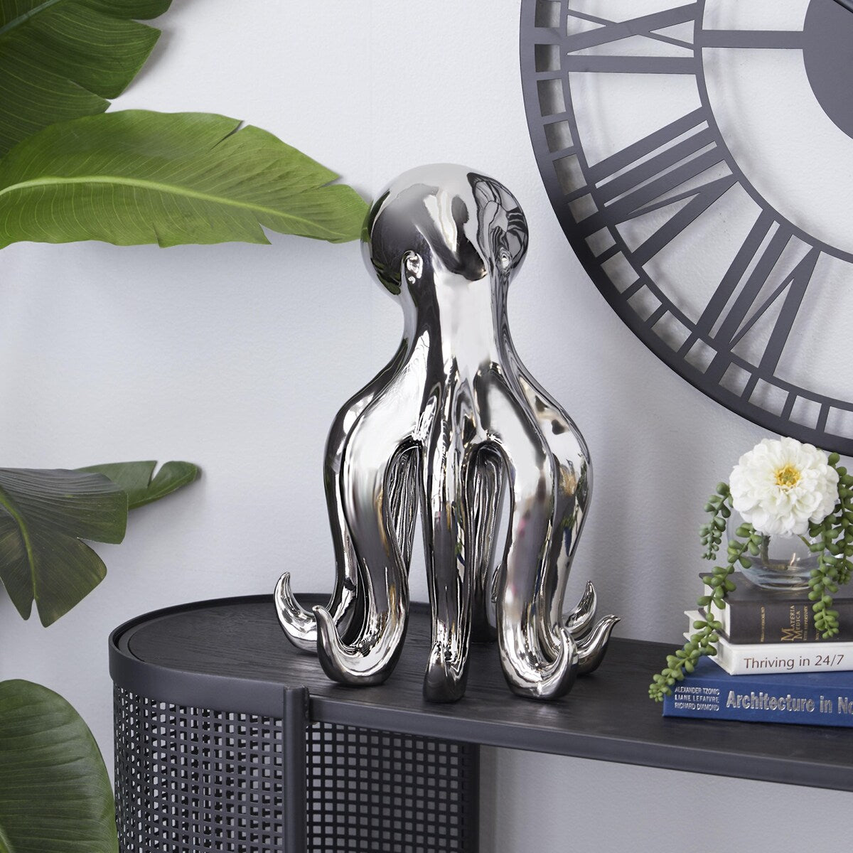 Porcelain Ceramic Octopus Tall Decorative Sculpture with Long Tentacles - Silver - Roche River Decor