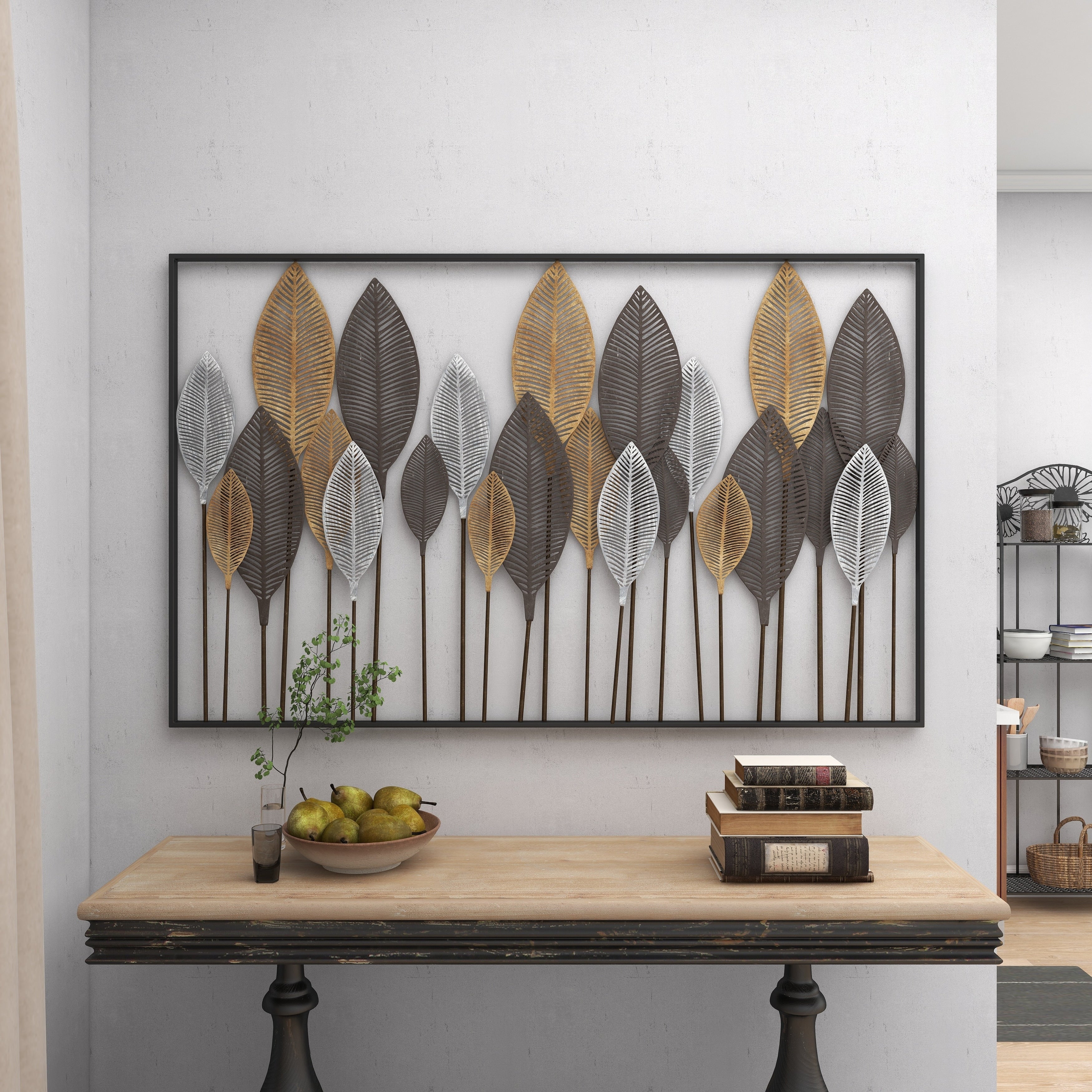 Contemporary Metal Tall Cut-Out Leaf Wall Decor with Intricate Laser Cut Designs - Bronze, Gray, Brass