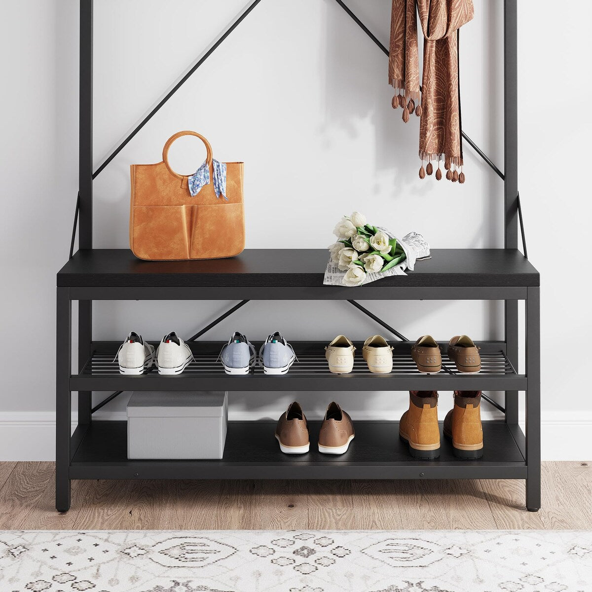 Industrial Entryway Coat Rack with Shoe Bench 3-in-1 Functional Hall Tree