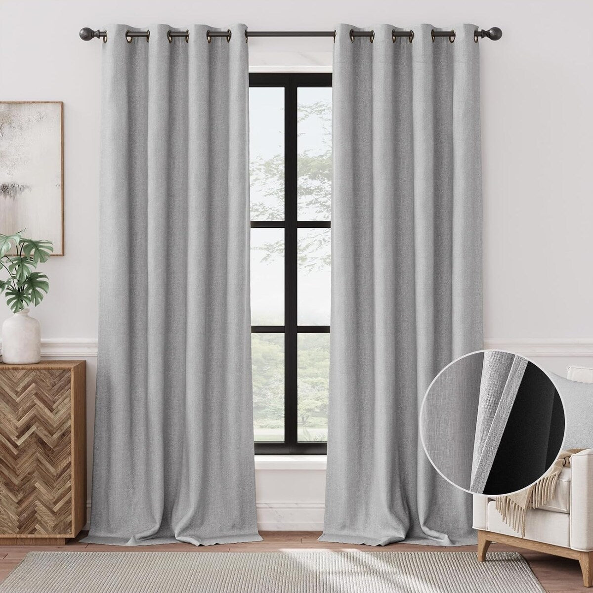 90% Blackout Faux Linen Curtains Thermal Insulated Room Darkening Curtains, 2 Panels Set, Grommet Top Window Treatments