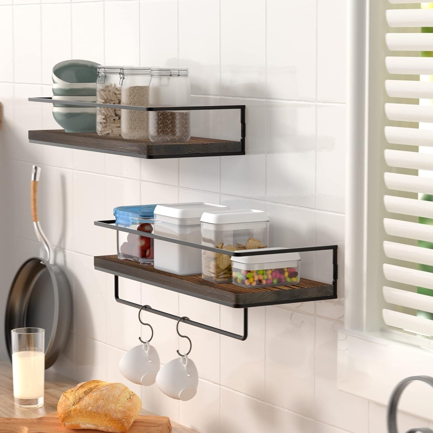 Wall Mounted Floating Shelves with Metal Frame and Towel Rack, Set of 2