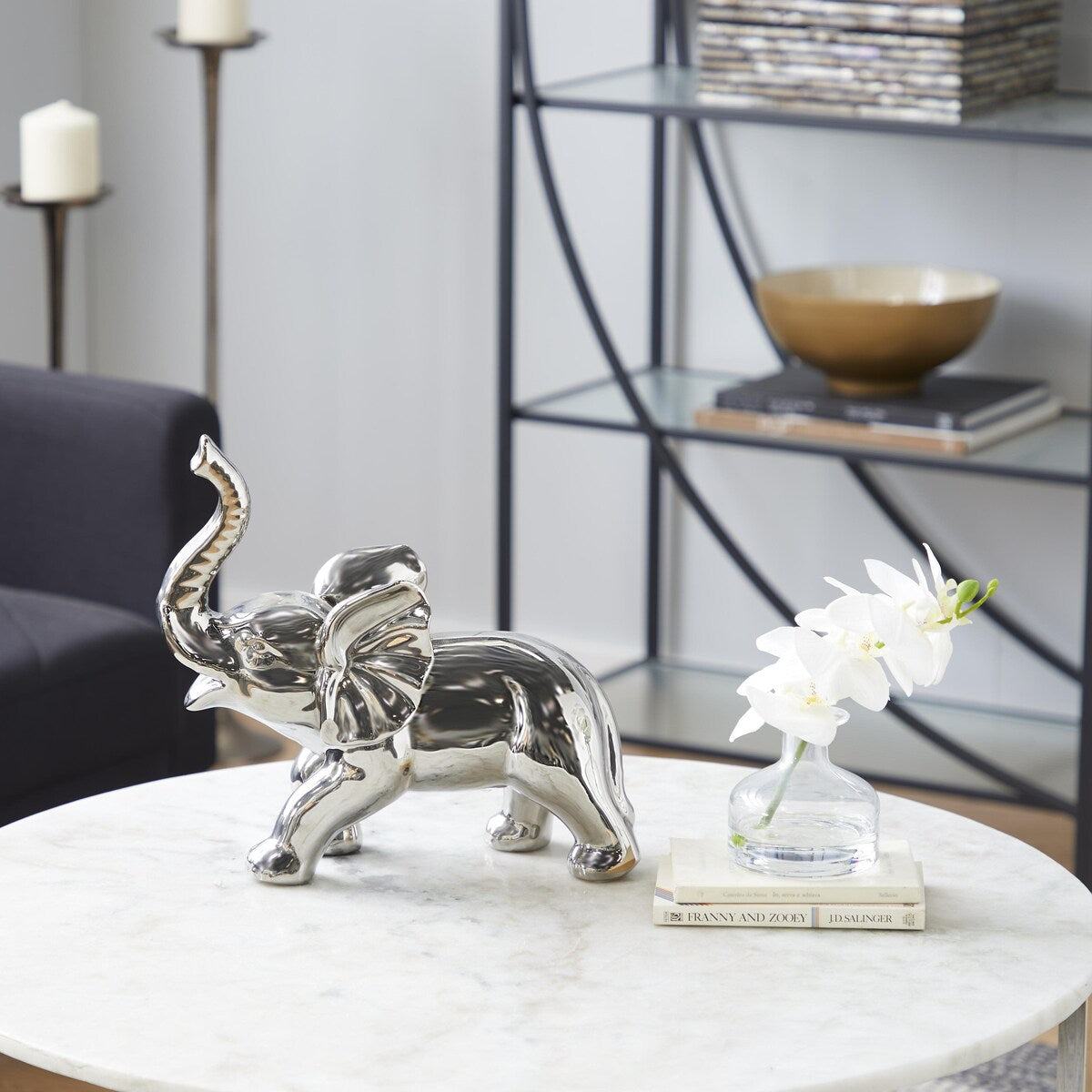 Porcelain Ceramic Elephant Decorative Sculpture - Silver - Roche River Decor