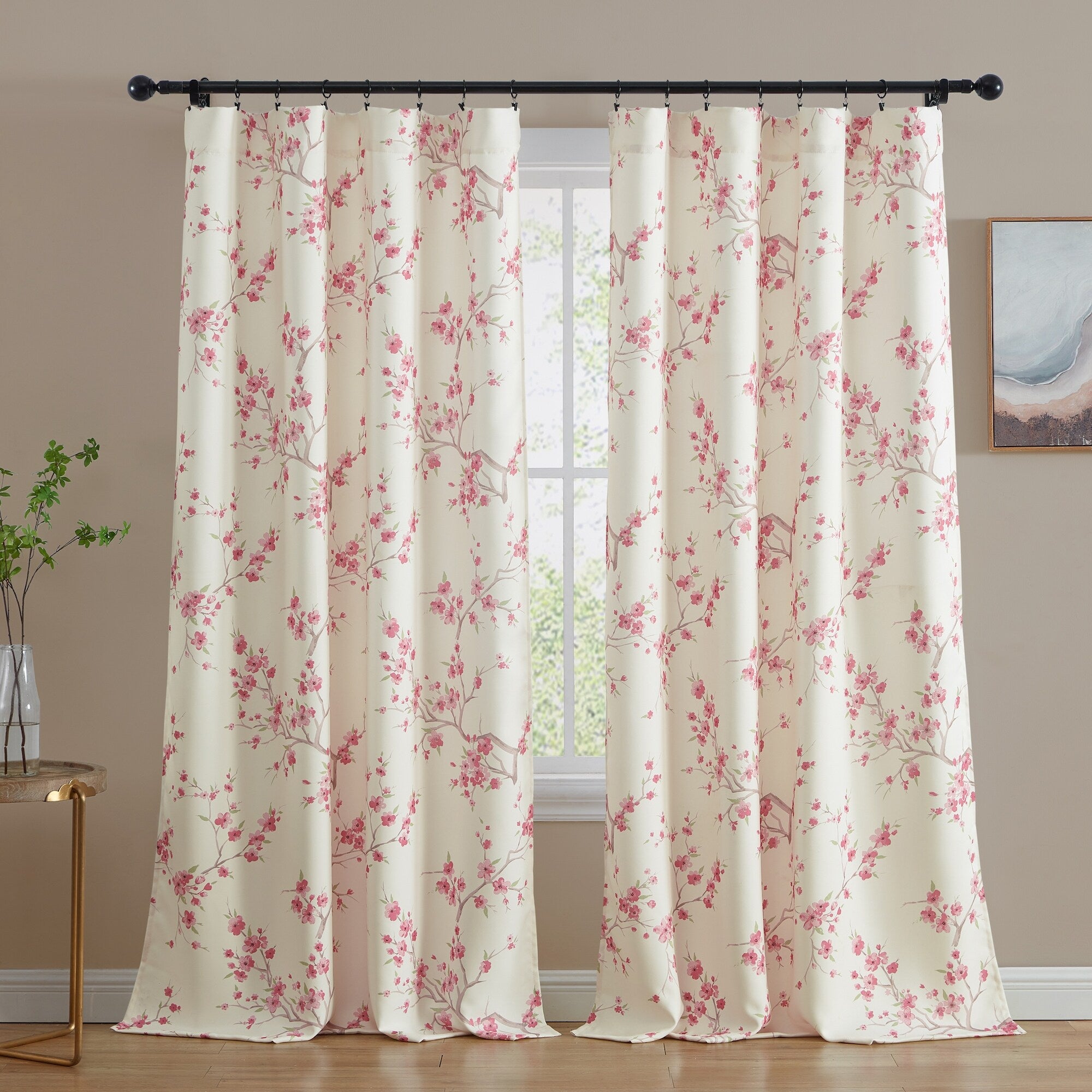 HLC.me Jasmine Floral Light Blocking Curtain Rod Pocket Pole Top Panels - Set of 2