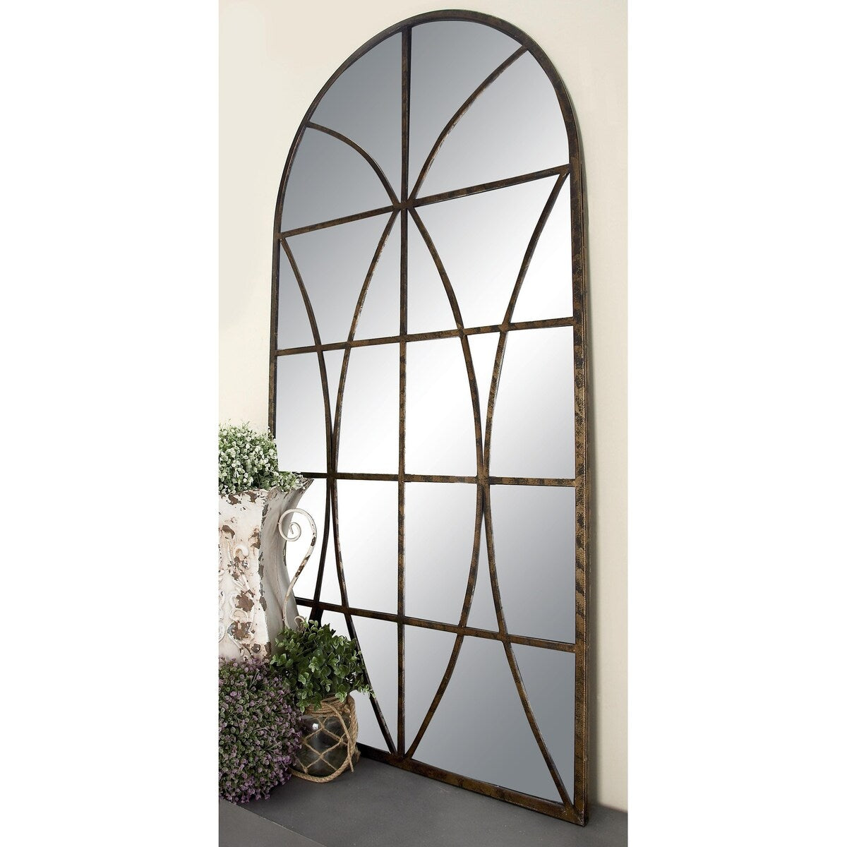 Metal Window Pane Inspired Room Wall Mirror with Arched Top - Brown - Roche River Decor