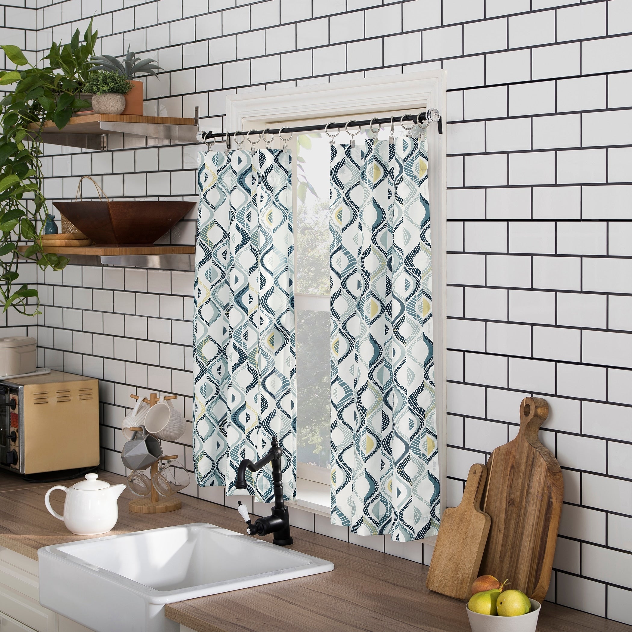 No. 918 Barker Geometric Semi-Sheer Rod Pocket Kitchen Curtain Valance and Tiers Set