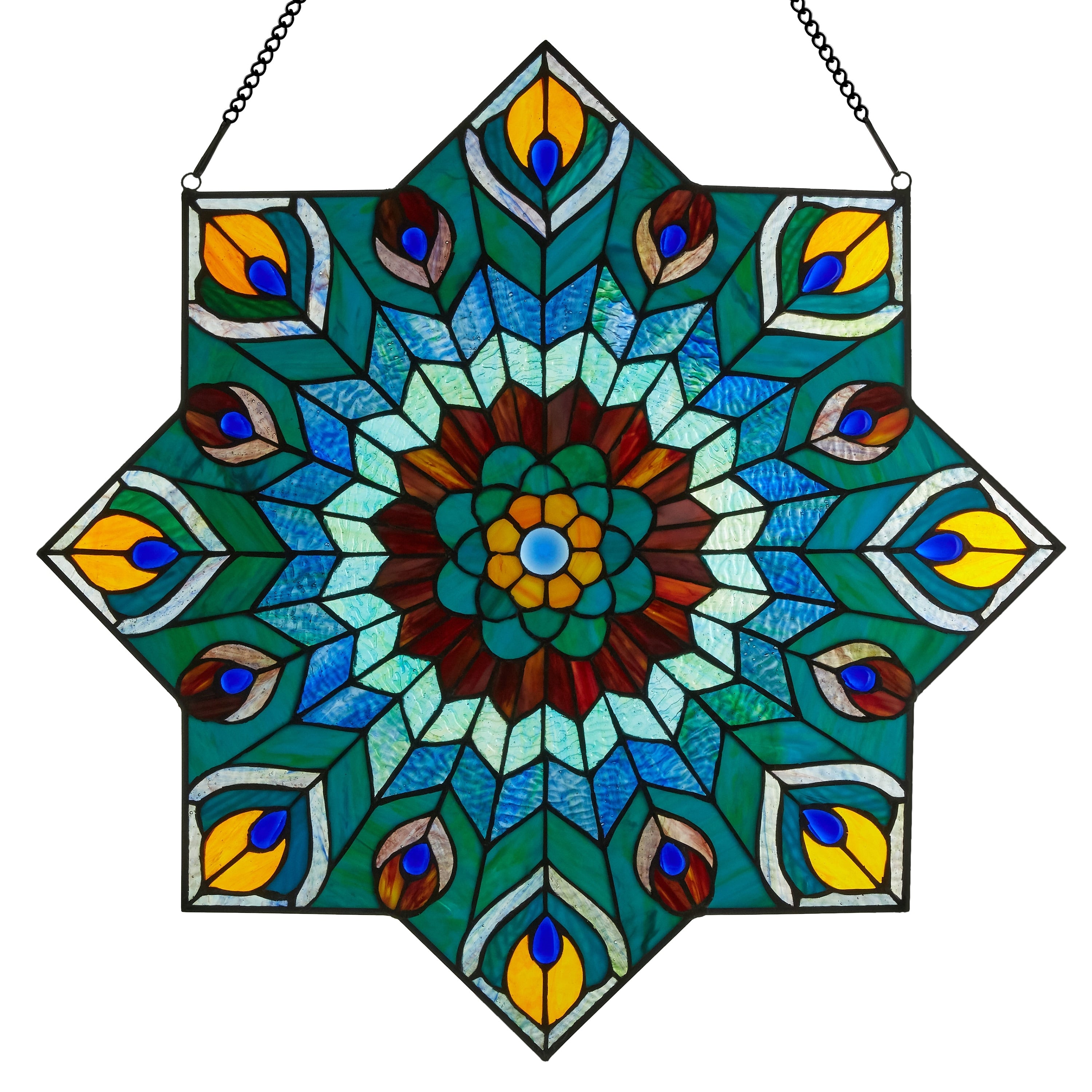 River of Goods 24-inch Tiffany-style Stained Glass Peacock Star Window Panel - 24L x 0.25W x 24H