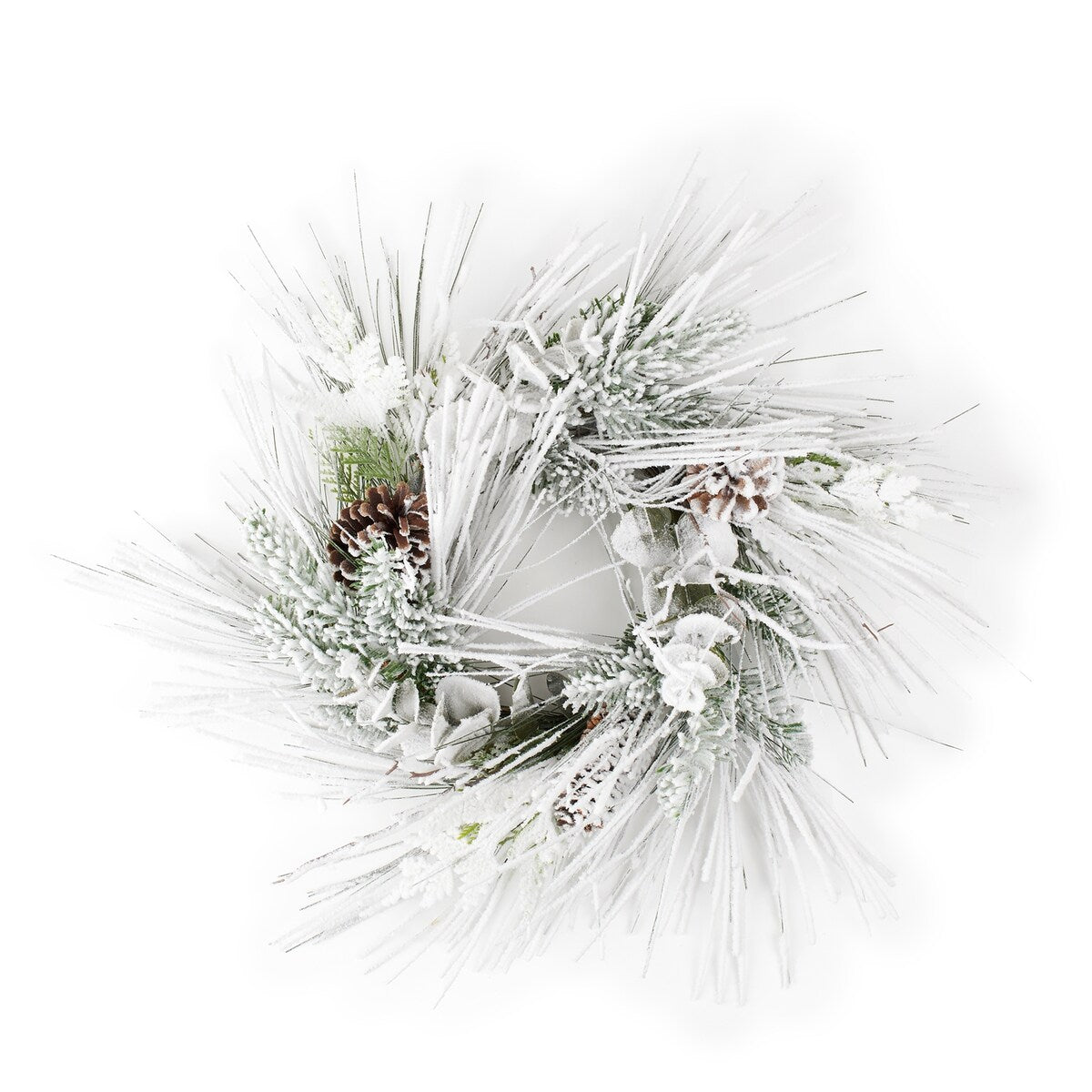 Flocked Mixed Pine Eucalyptus Candle Ring 24.5D - White, Green, Brown