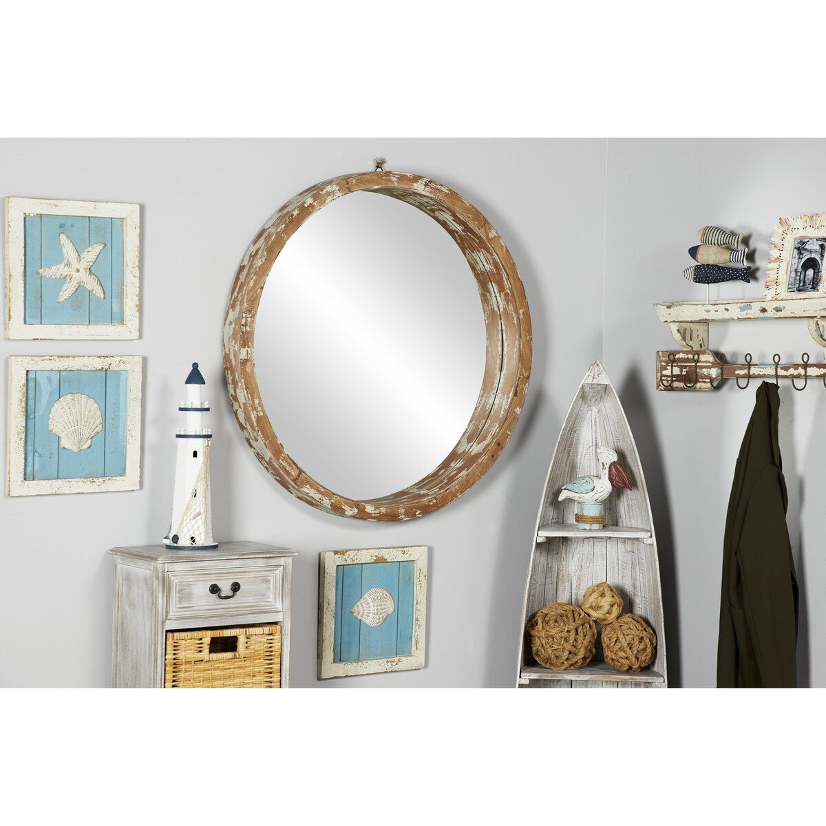 Wood Room Wall Mirror with Cream Distressing - Brown - Roche River Decor