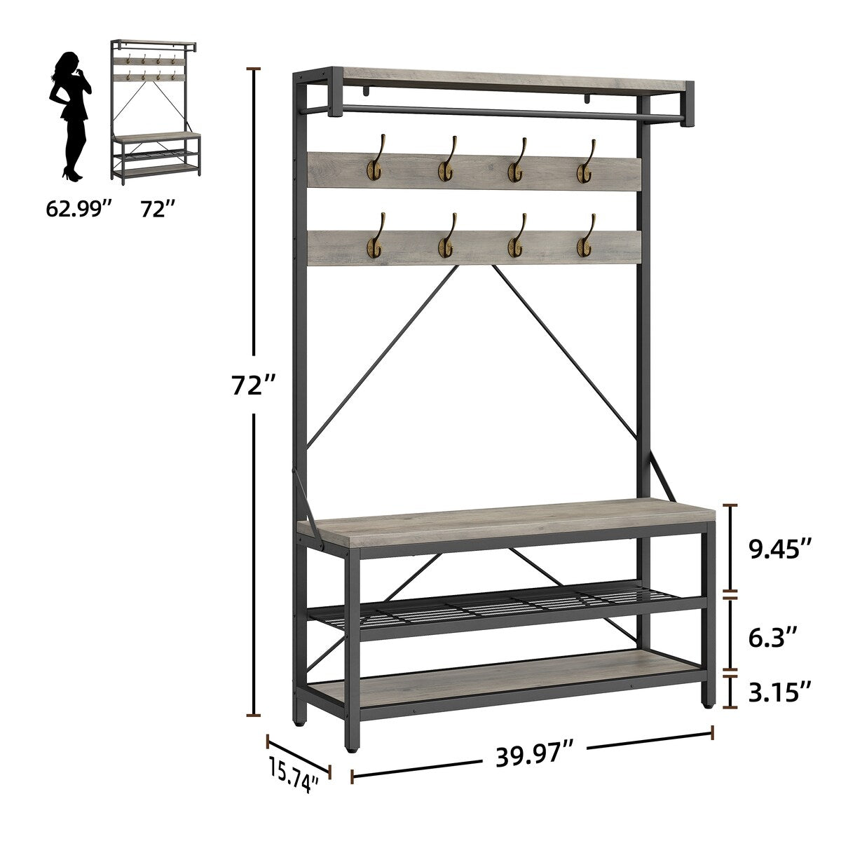 Industrial Entryway Coat Rack with Shoe Bench 3-in-1 Functional Hall Tree