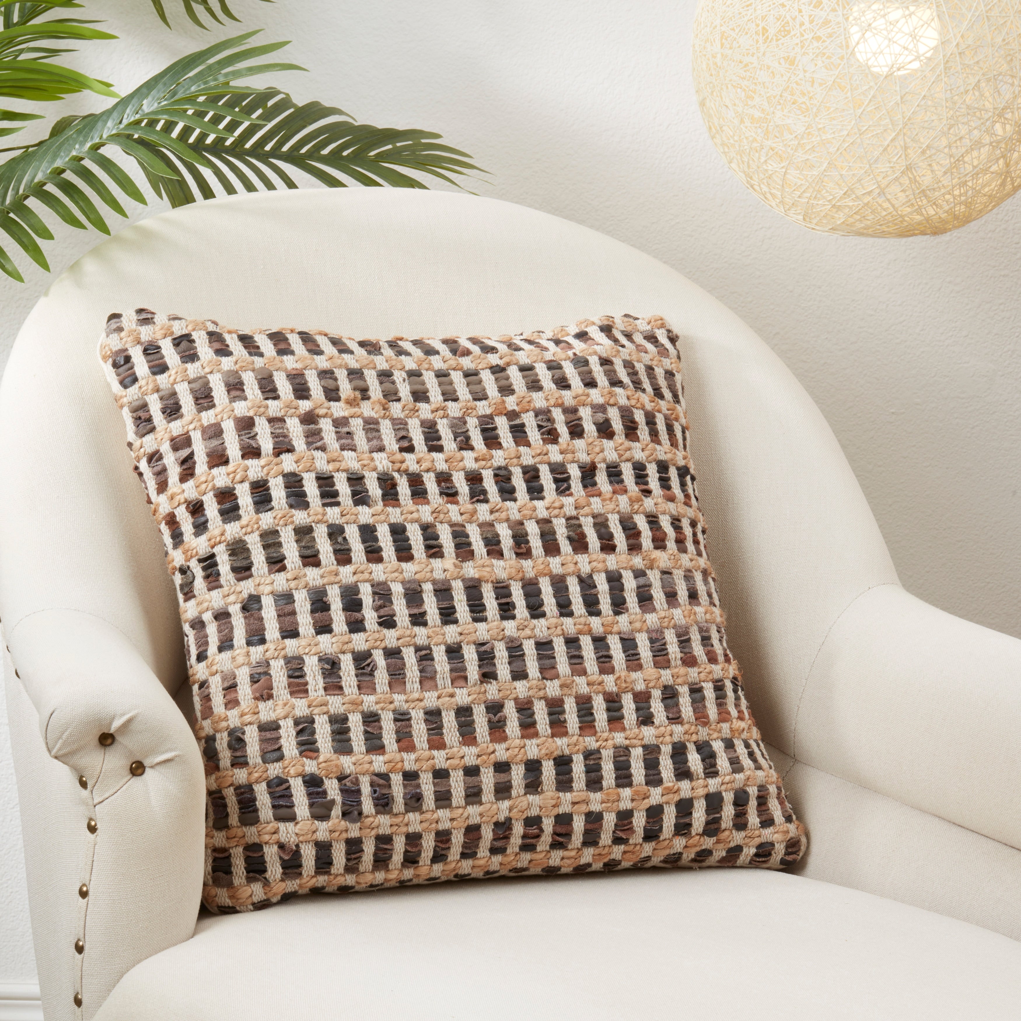 Earthy Leather and Jute Woven Throw Pillow