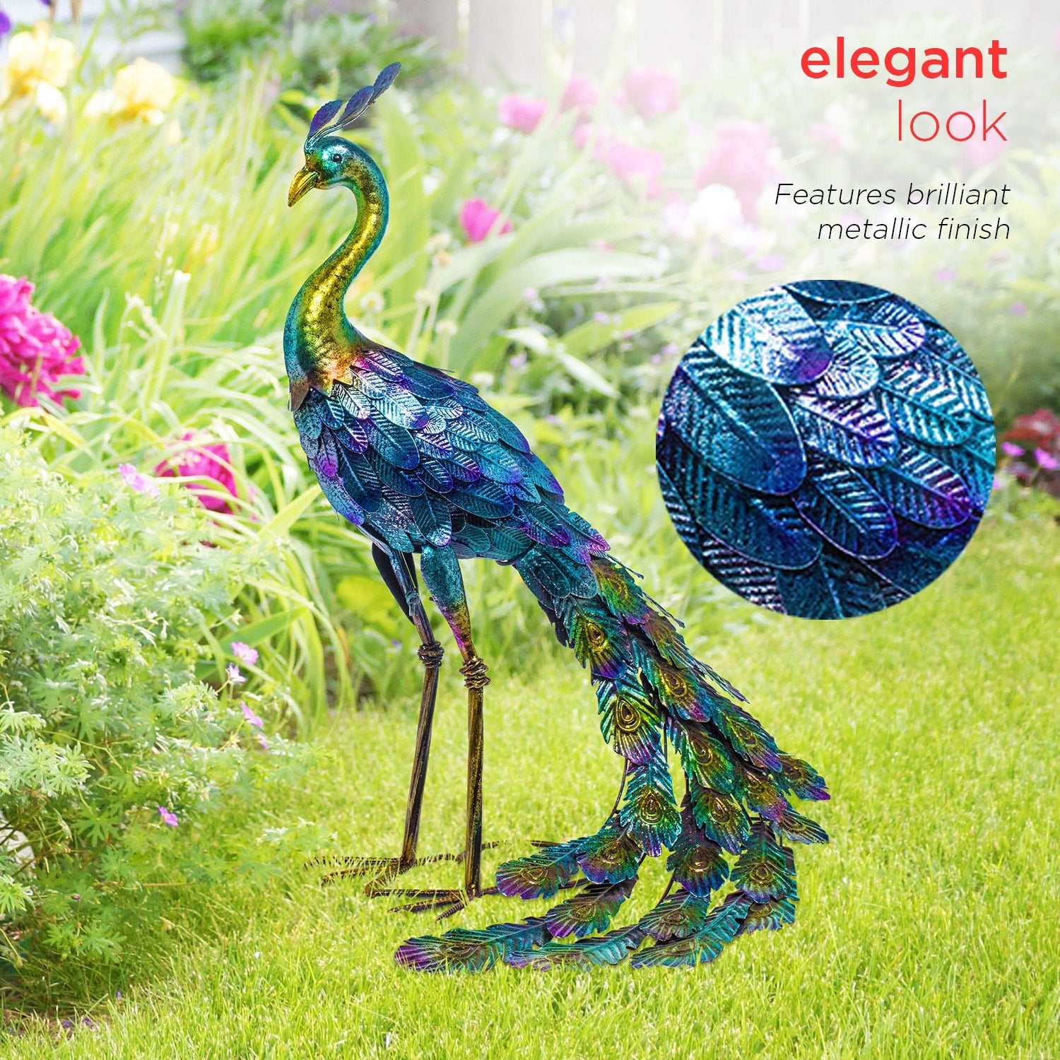 Alpine Corporation 23 Tall Outdoor Metallic Peacock Tail Spread Yard Statue Decoration, Multicolor
