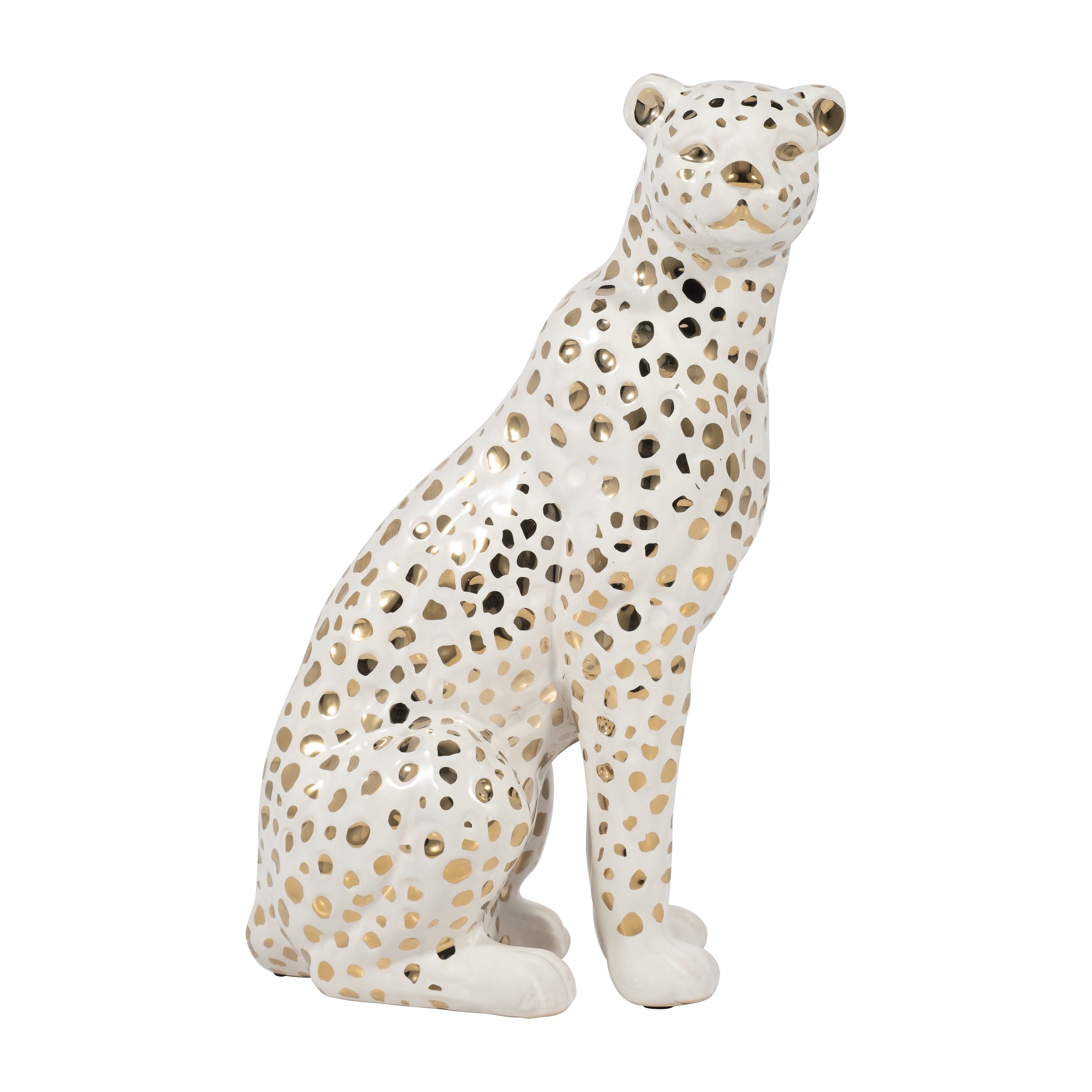 Sagebrook Home 11 Sitting Leopard Sculpture Contemporary Glam Ceramic White and Gold Decorative Animal Figurine - 7 x 4 x 11